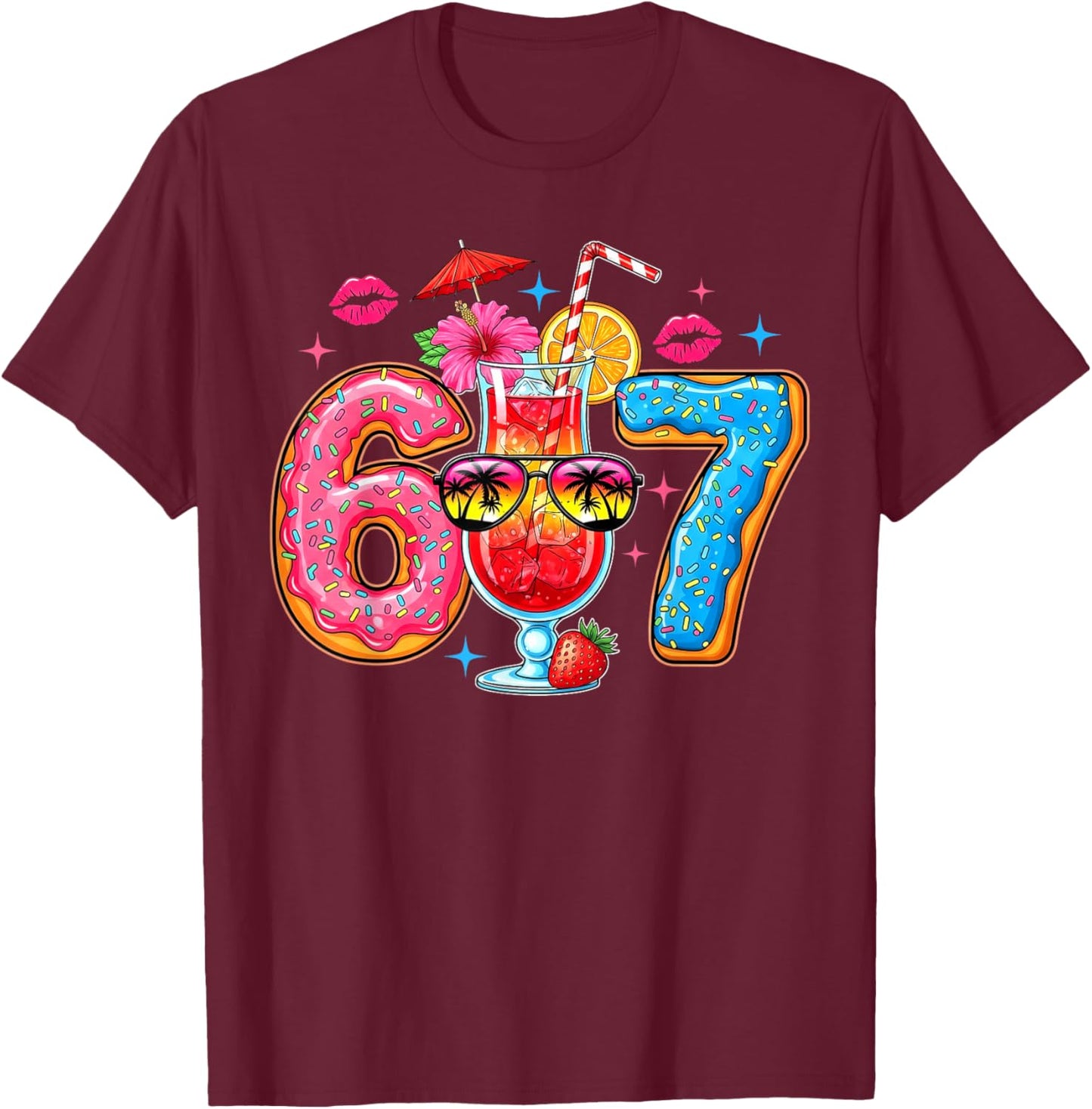 Funny 67 Six Seven Meme Summer Vacation Ice Cream Drip T-Shirt - T-Shirt | Maroon