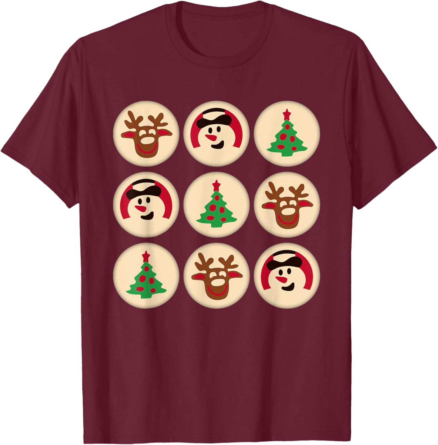 Christmas Cute Sugar Cookie Christmas Tree Snowman Reindeer T-Shirt - T-Shirt | Maroon