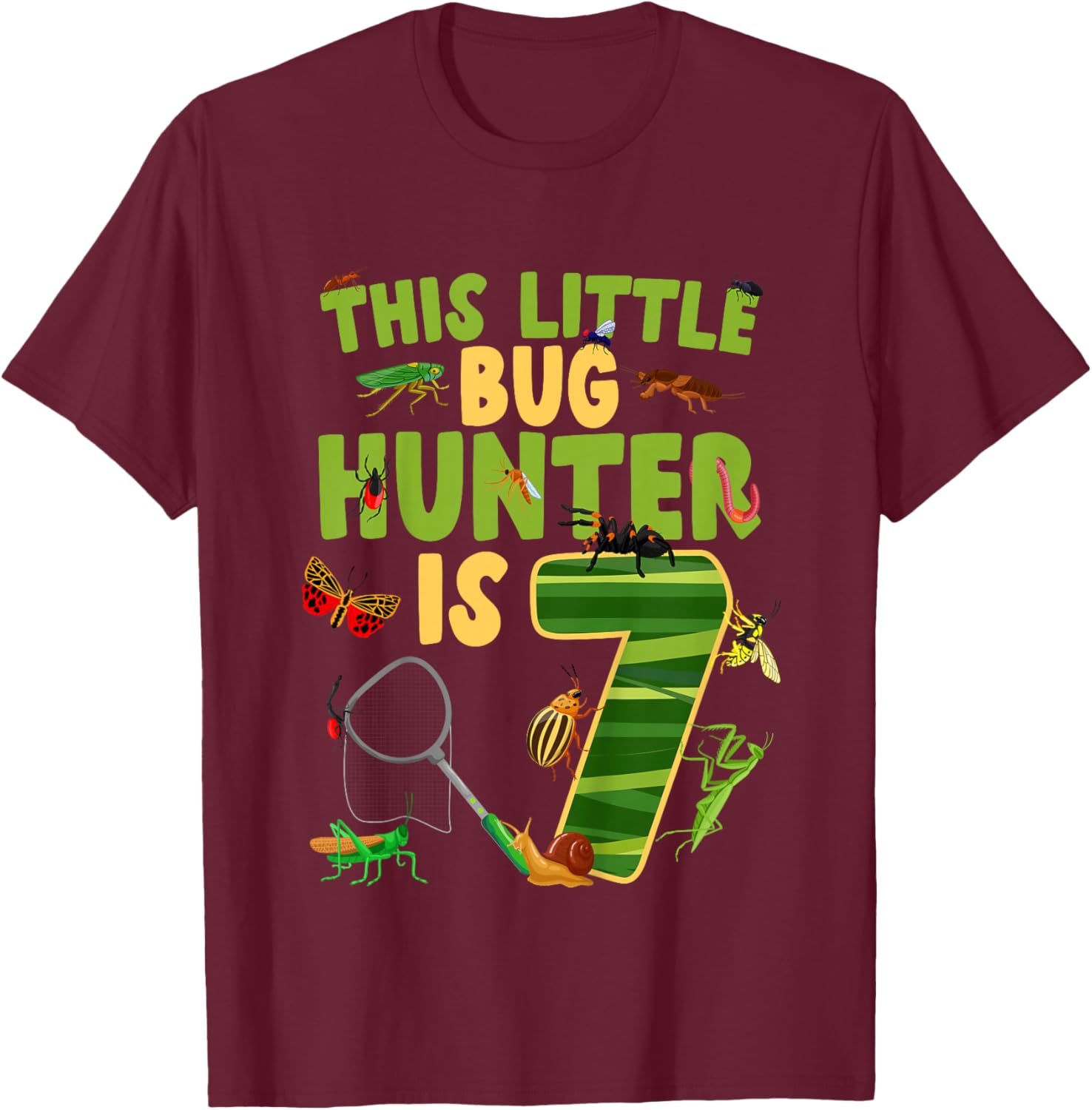 7th Bug Birthday Party Seven Year Old Bugs Birthday T-Shirt - T-Shirt | Maroon