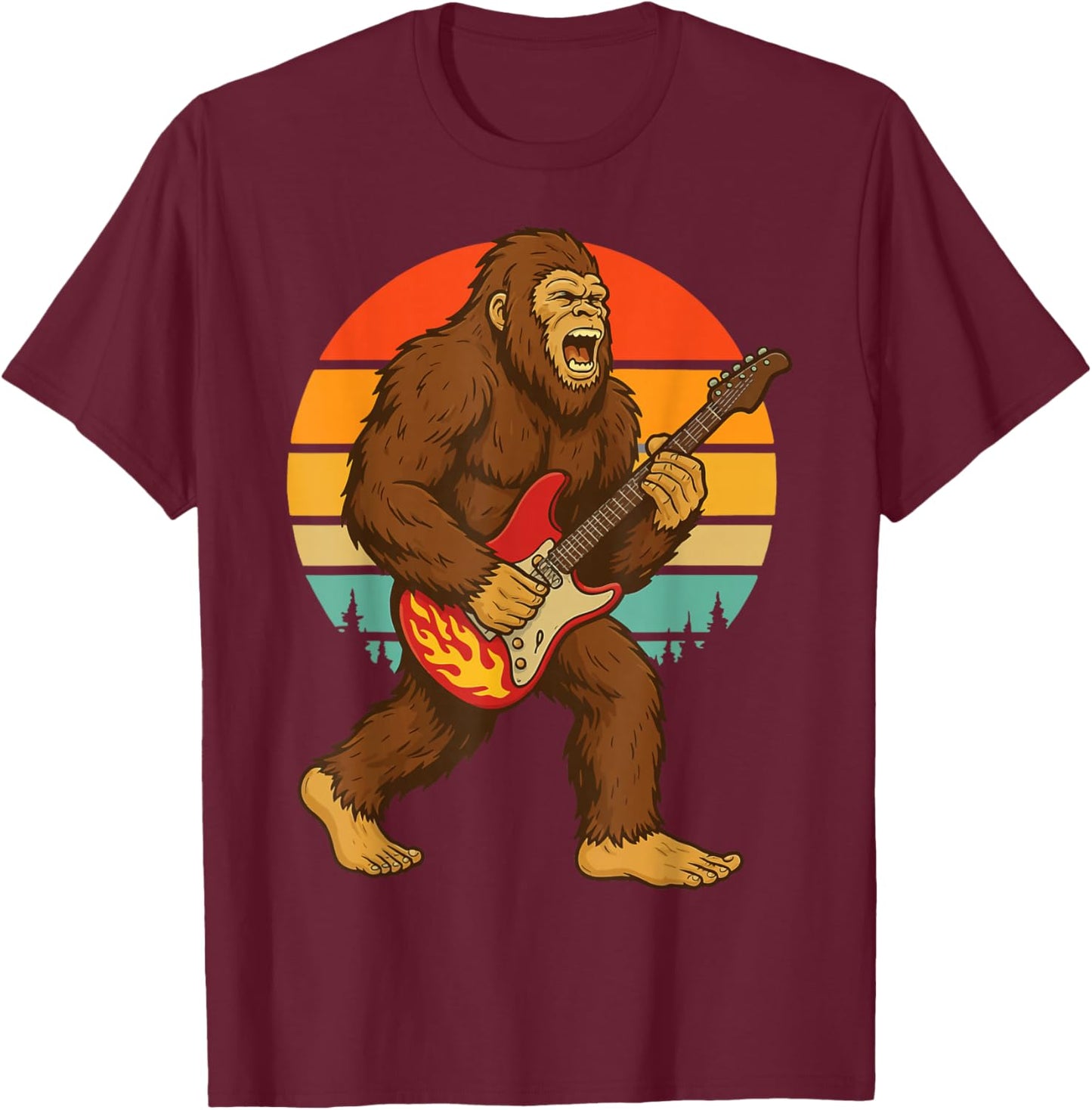 Bigfoot Electric Guitar Retro Rock Music T-Shirt - T-Shirt | Maroon
