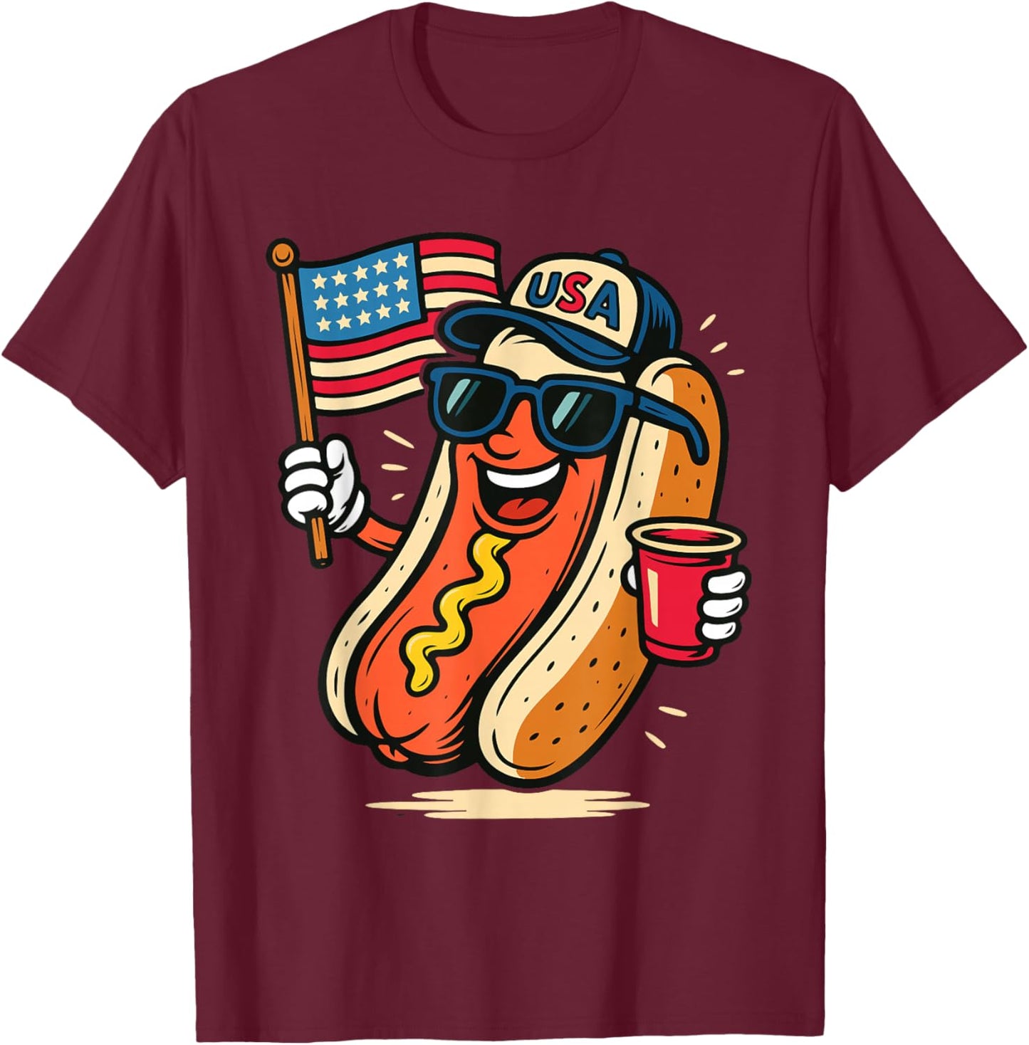 Funny 4th of July Hotdog Fourth of July Patriotic USA Flag T-Shirt - T-Shirt | Maroon