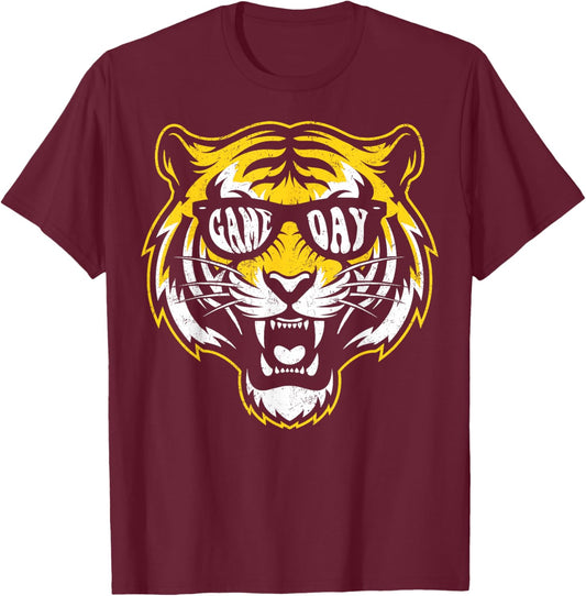 Vintage Tiger Wearing Sunglasses Game Day Women Kids T-Shirt - T-Shirt | Maroon