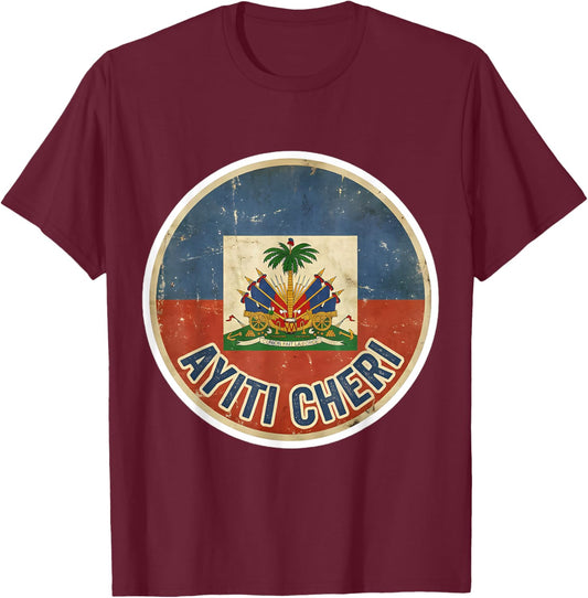 Vintage Haiti Flag Day Ayiti Cheri Proud Haitian Distressed T-Shirt - T-Shirt | Maroon