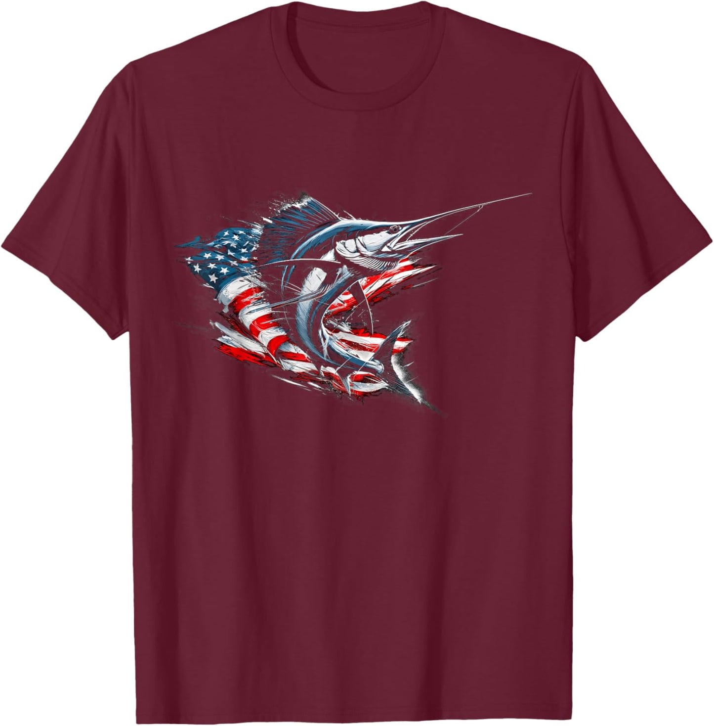 Sailfish American Flag Patriotic Fishing Graphic Design T-Shirt - T-Shirt | Maroon