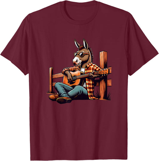 Cool Donkey Playing Guitar Country Music Sunglasses T-Shirt - T-Shirt | Maroon