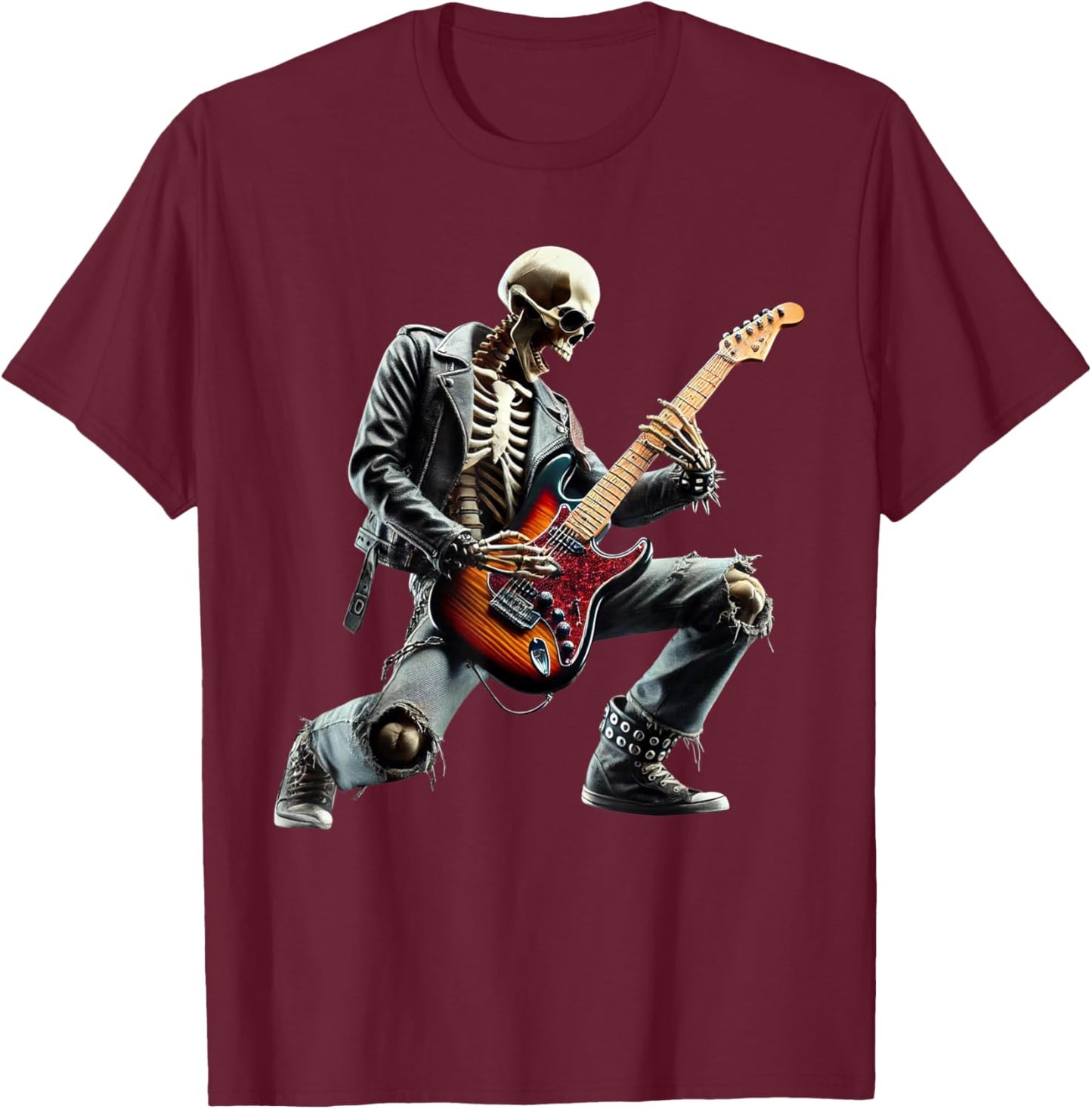 Skeleton Playing Guitar Rock Star Ghost Solo Guitar T-Shirt - T-Shirt | Maroon
