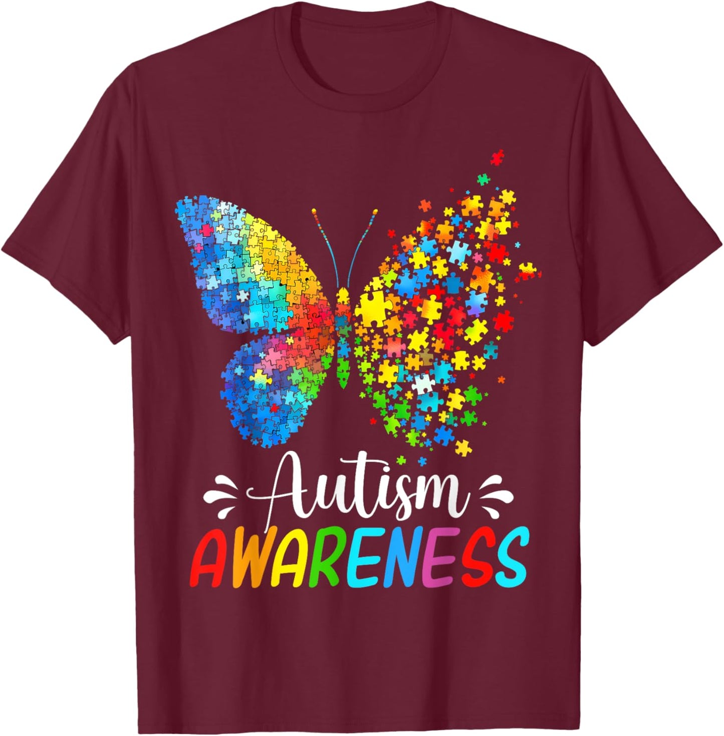 Autism Awareness Butterfly Cute Colorful Rainbow Women Girls T-Shirt - T-Shirt | Maroon