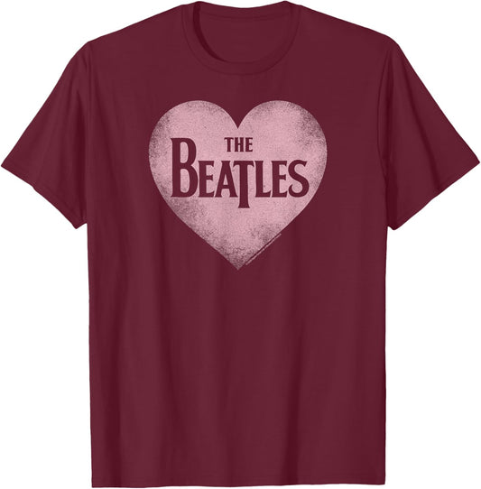 The Beatles - Pink Heart Retro Design T-Shirt - T-Shirt | Maroon