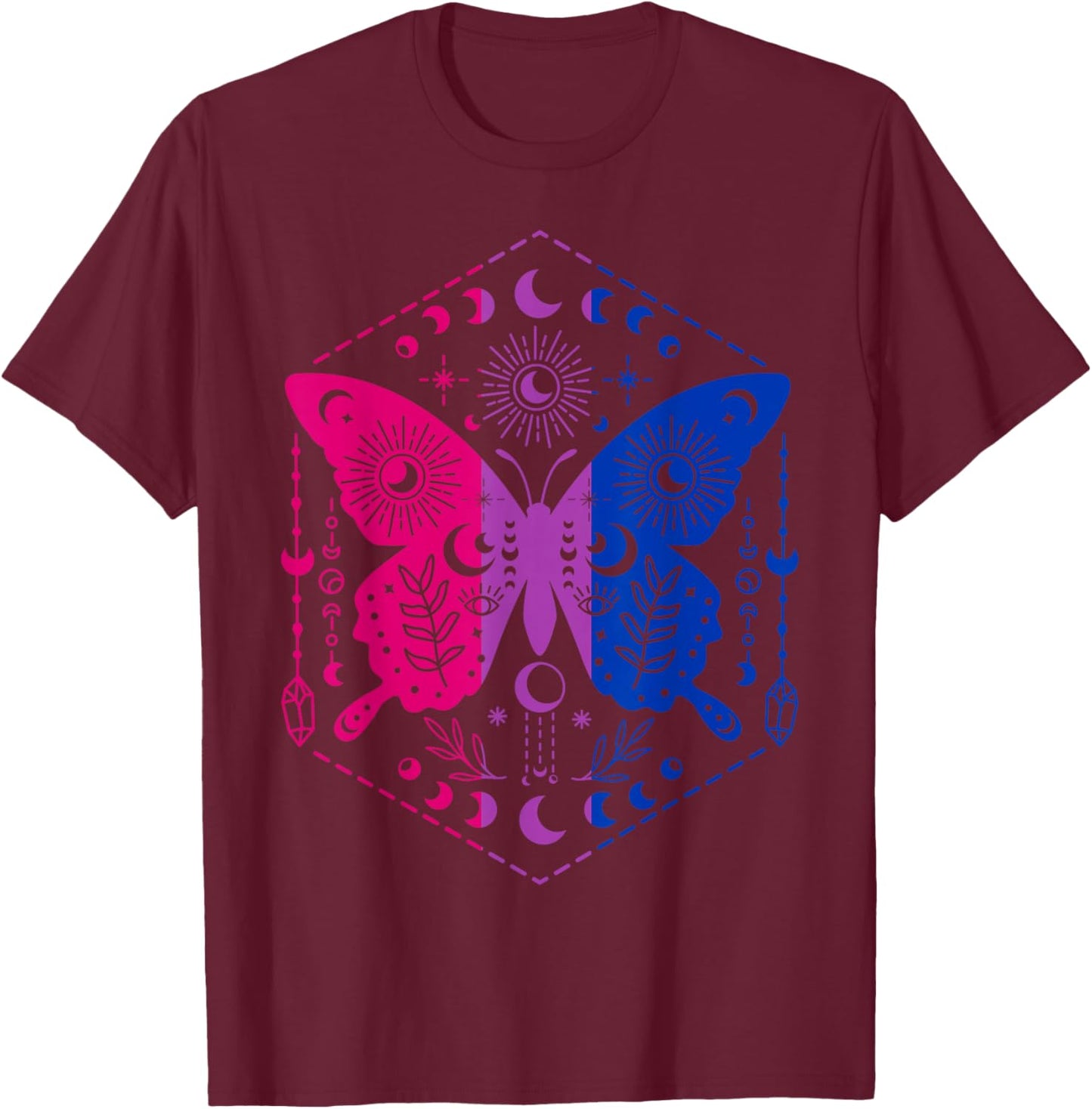 Mystical Bisexual Butterfly with Celestial Moon Magic T-Shirt - T-Shirt | Maroon
