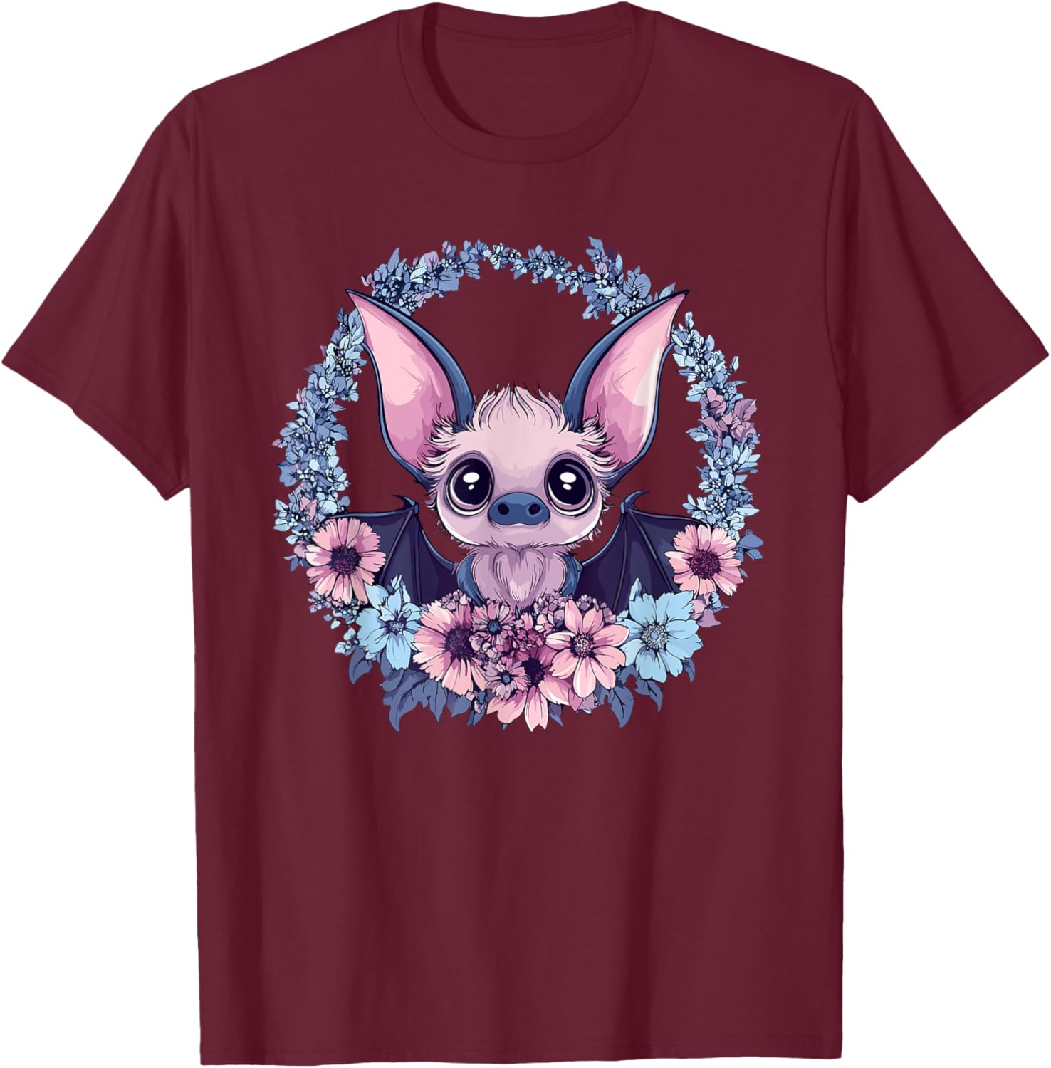 Adorable Bat Surrounded By Beautiful Flowers T-Shirt - T-Shirt | Maroon