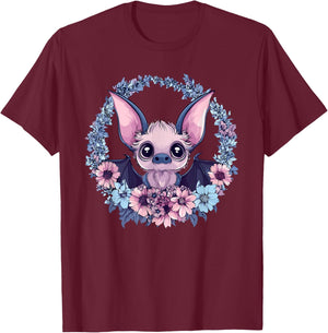 Adorable Bat Surrounded By Beautiful Flowers T-Shirt - T-Shirt | Maroon