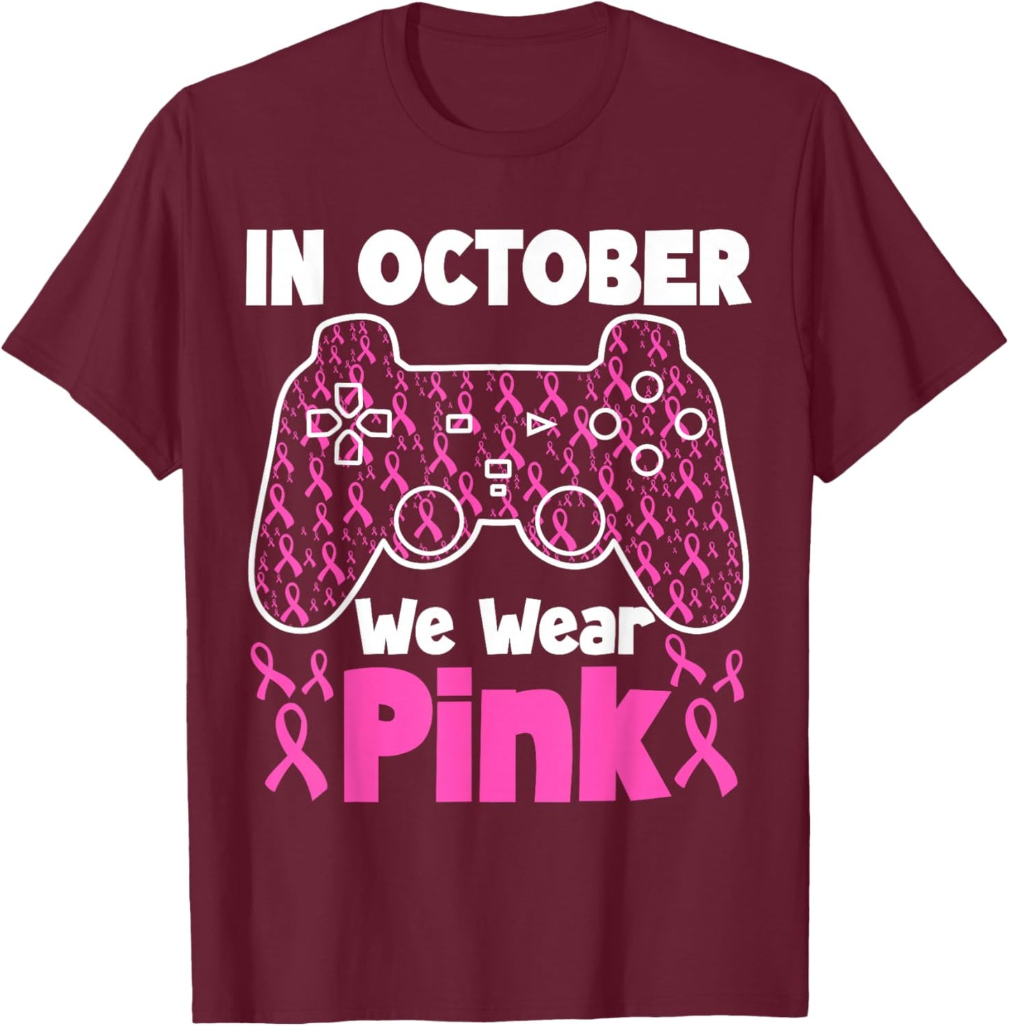 in October We Wear Pink Breast Cancer Gaming Kids Boys Youth T-Shirt - T-Shirt | Maroon
