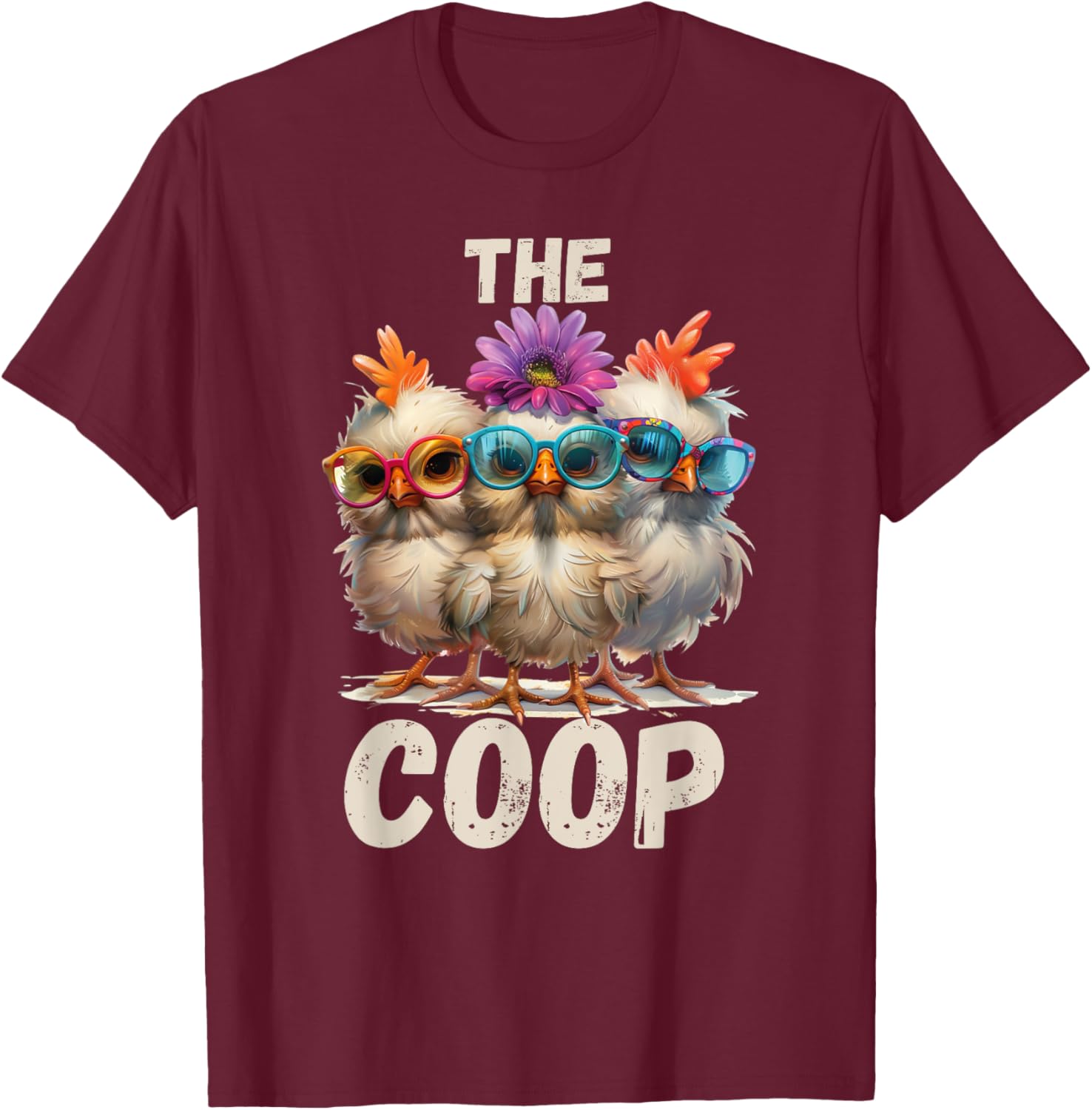 Rustic Charm by Steel Living Ultd. The Coop Chicken Trio - -Adults, Black, Small, Short Sleeve T-Shirt - T-Shirt | Maroon