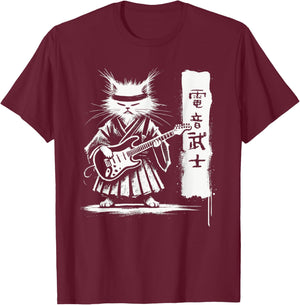 Samurai Japanese Kawaii Rock Music Men Kids Women Cat Guitar T-Shirt - T-Shirt | Maroon