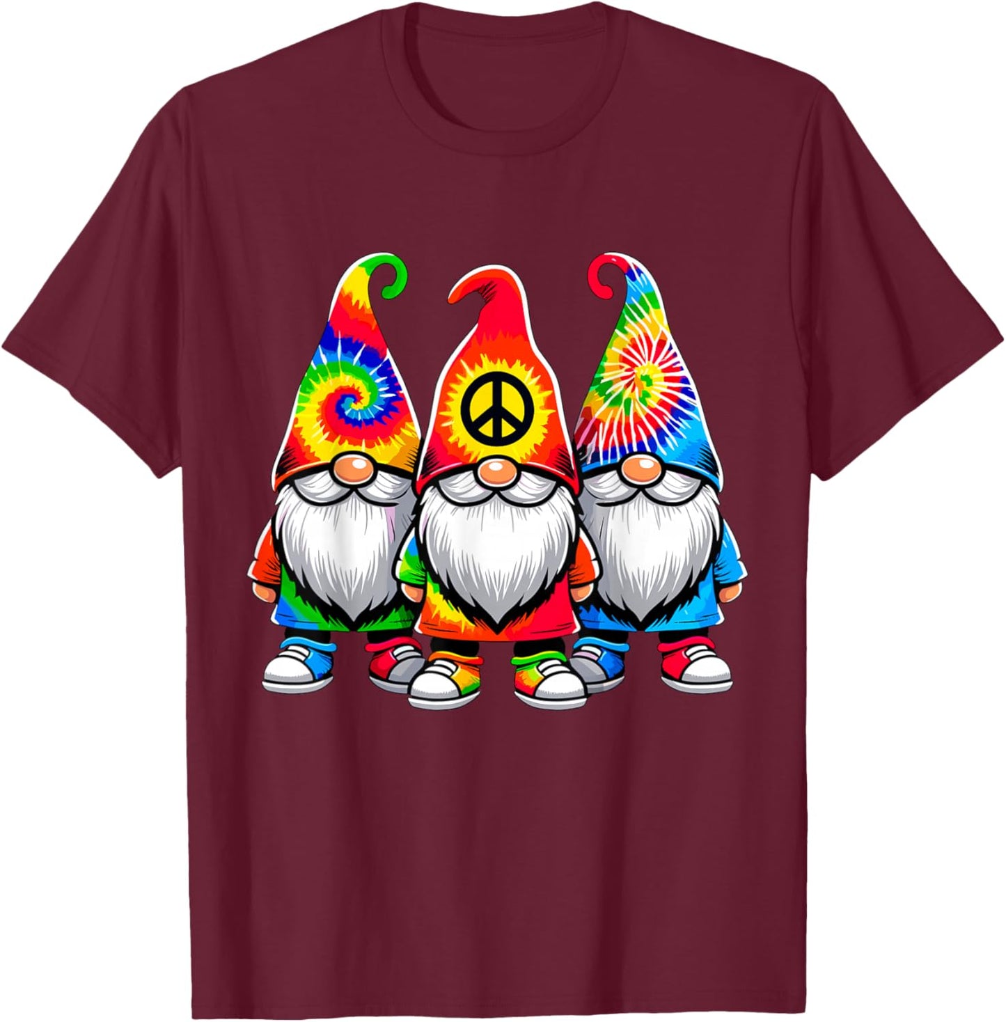Tie-Dye Gnomes Peace Sign Hippie T-Shirt - T-Shirt | Maroon