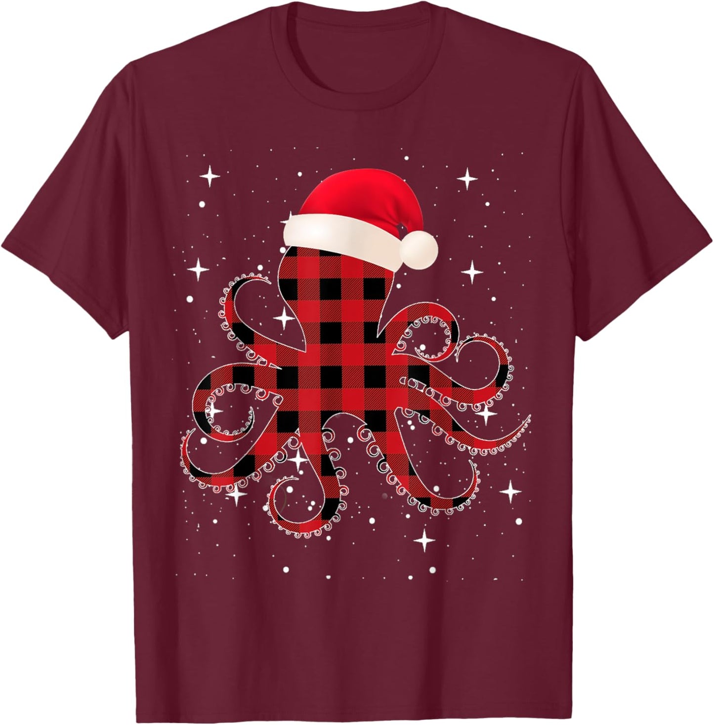 Pajamas Red& Black Plaid Flannel Christmas Octopus Santa Hat T-Shirt - T-Shirt | Maroon