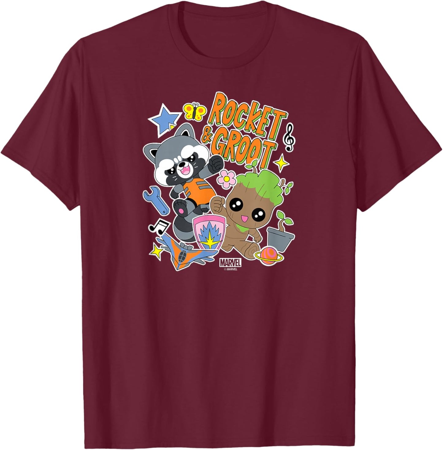Guardians of The Galaxy - Groot and Rocket Stickers T-Shirt - T-Shirt | Maroon