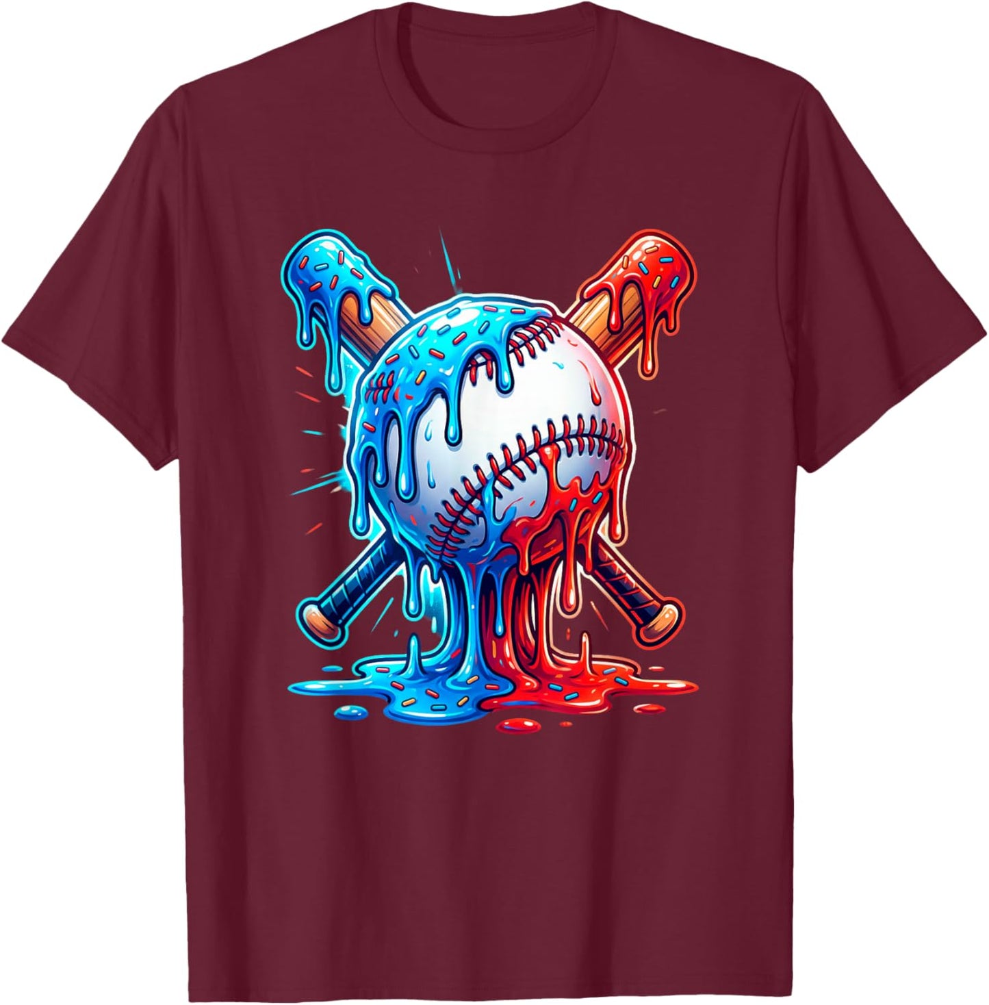 Baseball Drip Ice Cream Bright Crossed Bat Melt Graphic T-Shirt - T-Shirt | Maroon