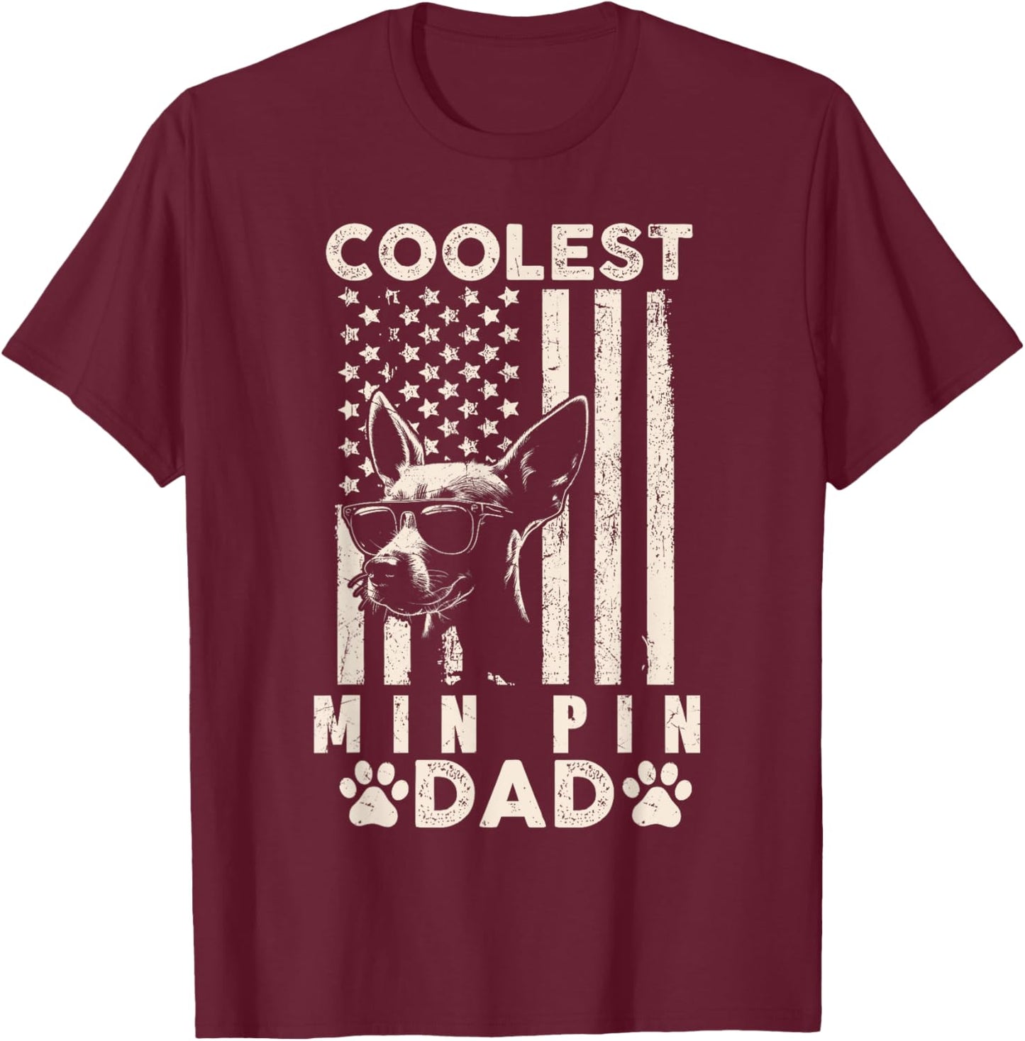 Coolest Min Pin Dad Vintage American Flag Funny Fathers Day Kids Men T-Shirt - T-Shirt | Maroon