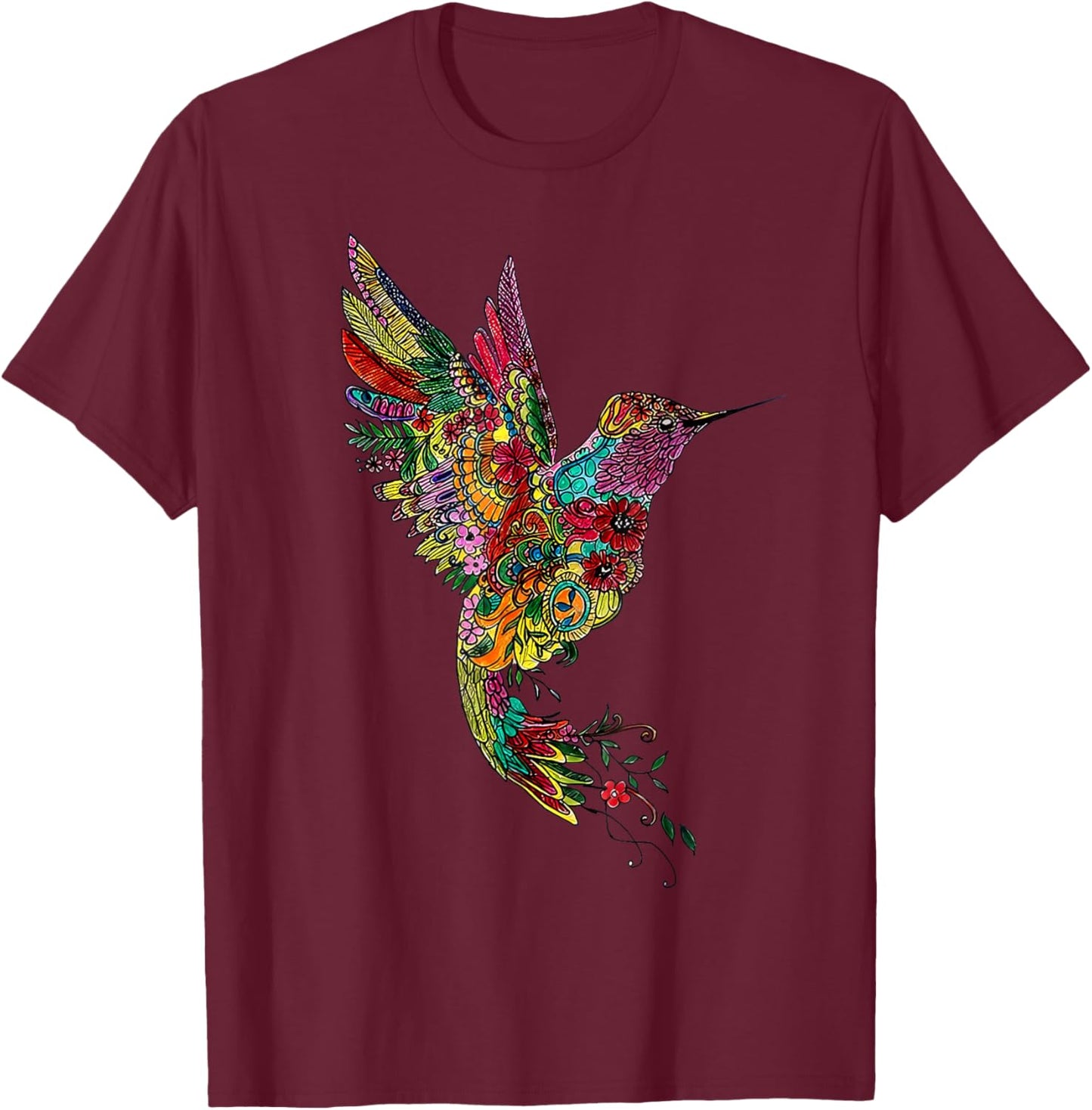 Mandala Hummingbird Graphic Yoga Art Spiritual Meditation T-Shirt - T-Shirt | Maroon