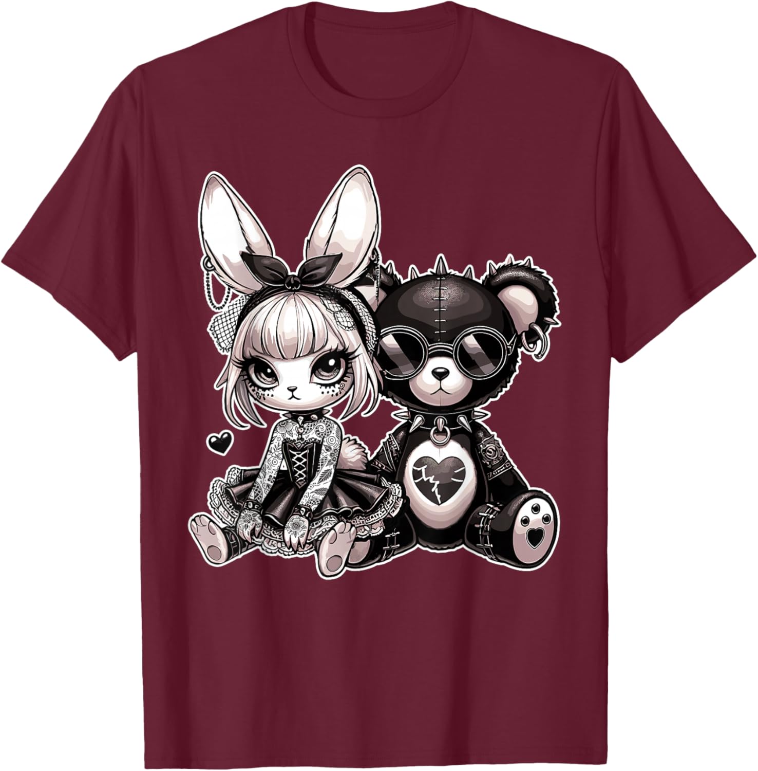 Gothic Bunny & Punk Teddy Bear Aesthetic T-Shirt - T-Shirt | Maroon