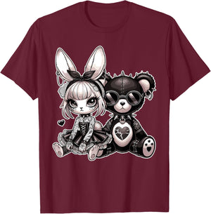 Gothic Bunny & Punk Teddy Bear Aesthetic T-Shirt - T-Shirt | Maroon
