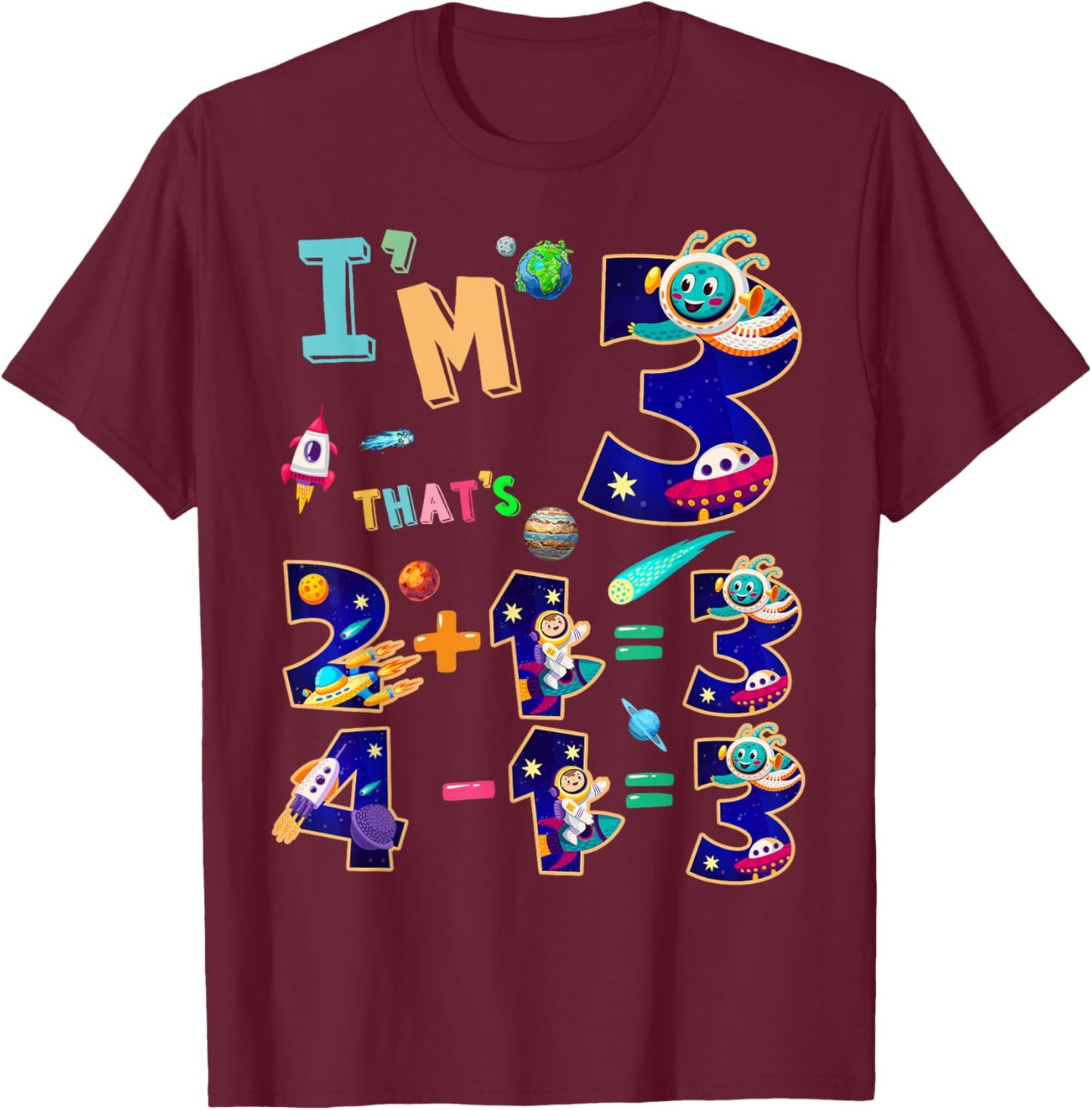 Maths 3rd Birthday Space Idea For Kids & 3 Year Old Numbers T-Shirt - T-Shirt | Maroon