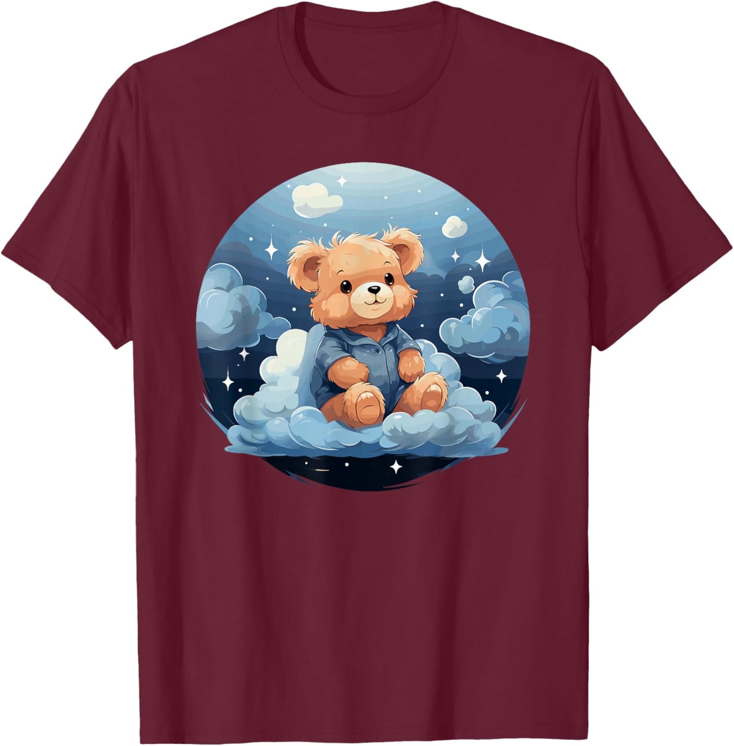 Cute Teddy Bear In Clouds With Stars T-Shirt - T-Shirt | Maroon