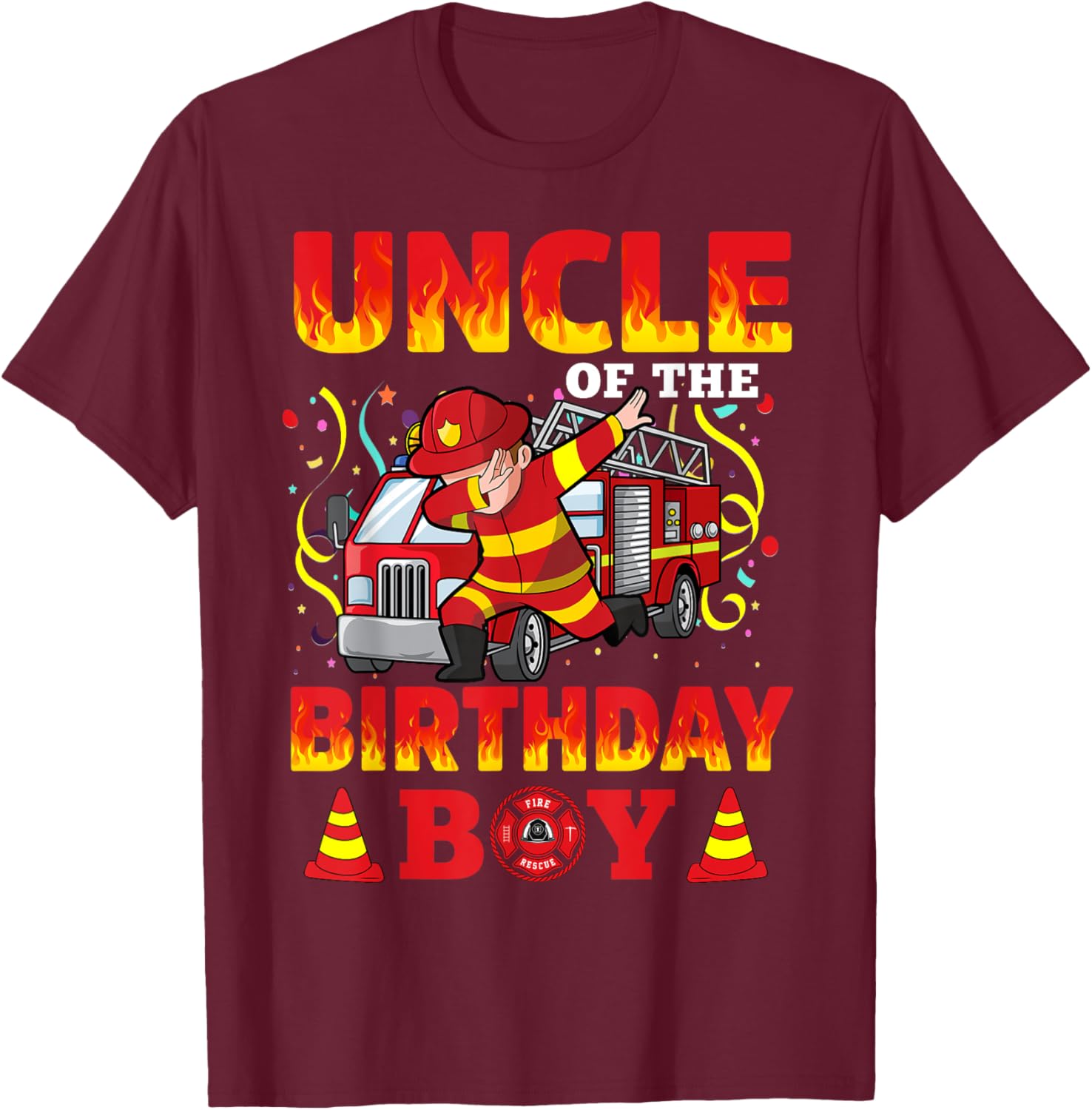 Uncle Of The Birthday Boy Fire Truck Firefighter Boys T-Shirt - T-Shirt | Maroon