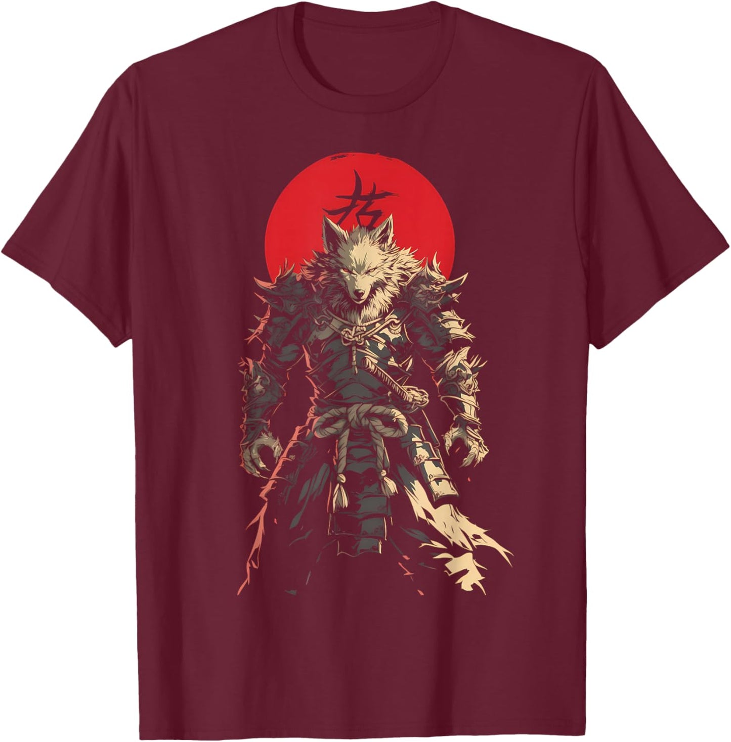 Japanese Samurai Wolf Kanji Samurai Warrior Wolf T-Shirt - T-Shirt | Maroon