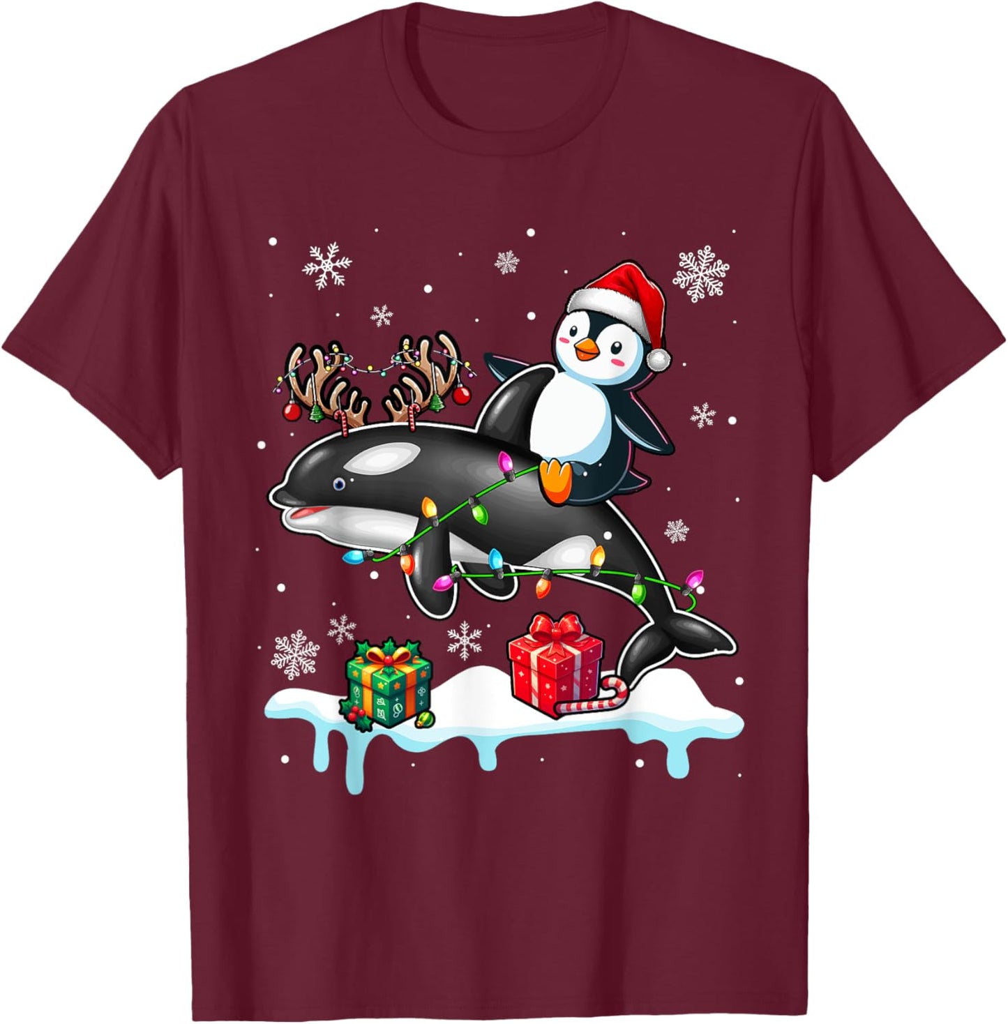 Christmas Santa Penguin Riding Reindeer Orca Lover Kids T-Shirt - T-Shirt | Maroon