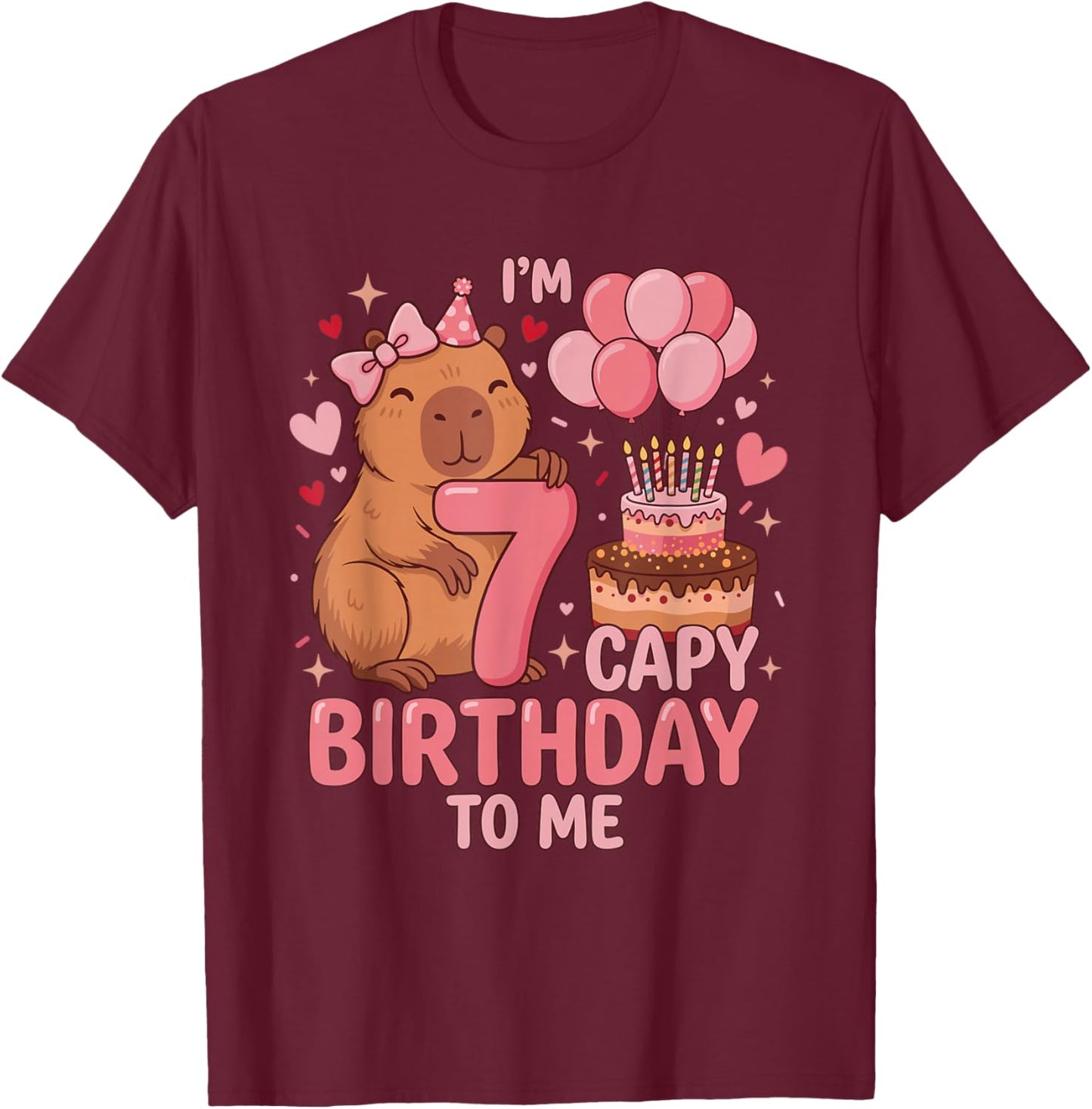 Capybara 7 Year Birthday Girl Capybara 7th Birthday 2019 T-Shirt - T-Shirt | Maroon