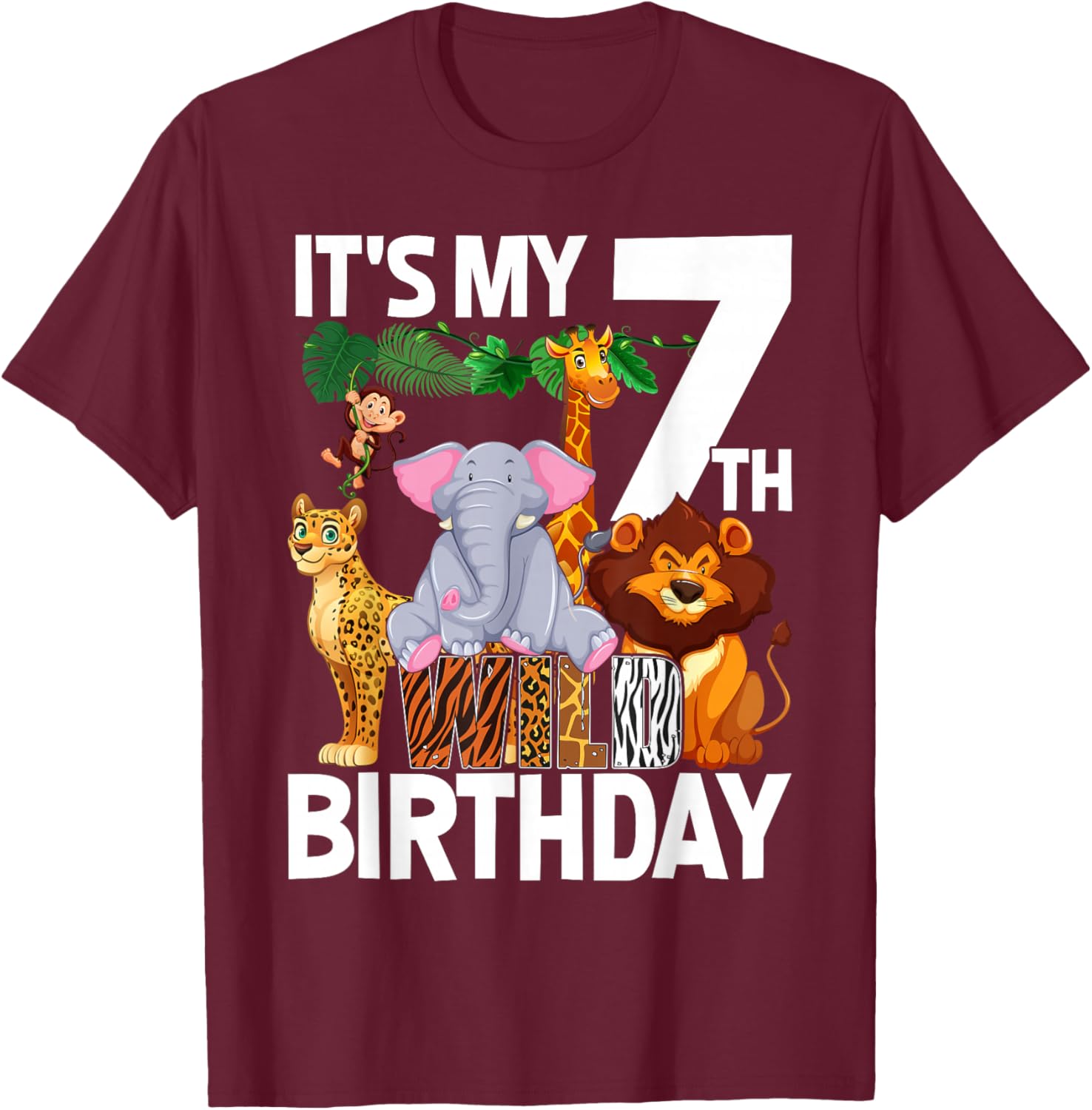 It's My 7th Wild Birthday Safari Animals Zoo Birthday T-Shirt - T-Shirt | Maroon