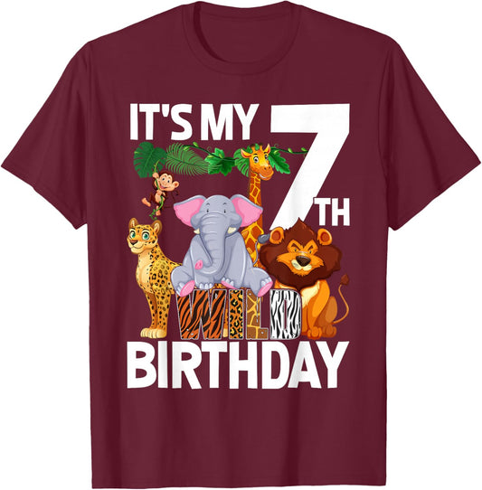 It's My 7th Wild Birthday Safari Animals Zoo Birthday T-Shirt - T-Shirt | Maroon