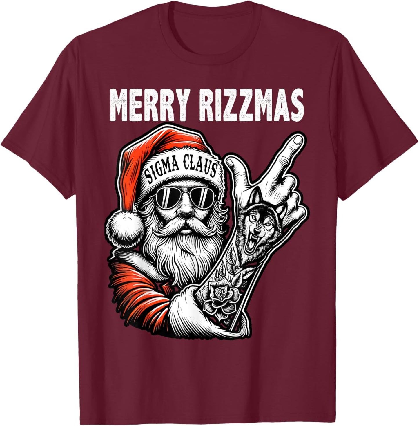 Merry Rizzmas, Funny Santa Wolf Tattoo Christmas Sigma Claus T-Shirt - T-Shirt | Maroon
