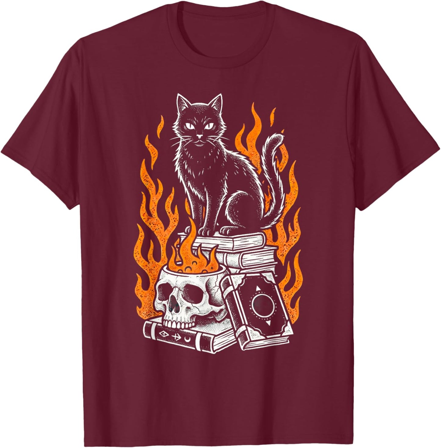 Witchy Creepy Goth Cat Skull Flames Occult Magic Books T-Shirt - T-Shirt | Maroon