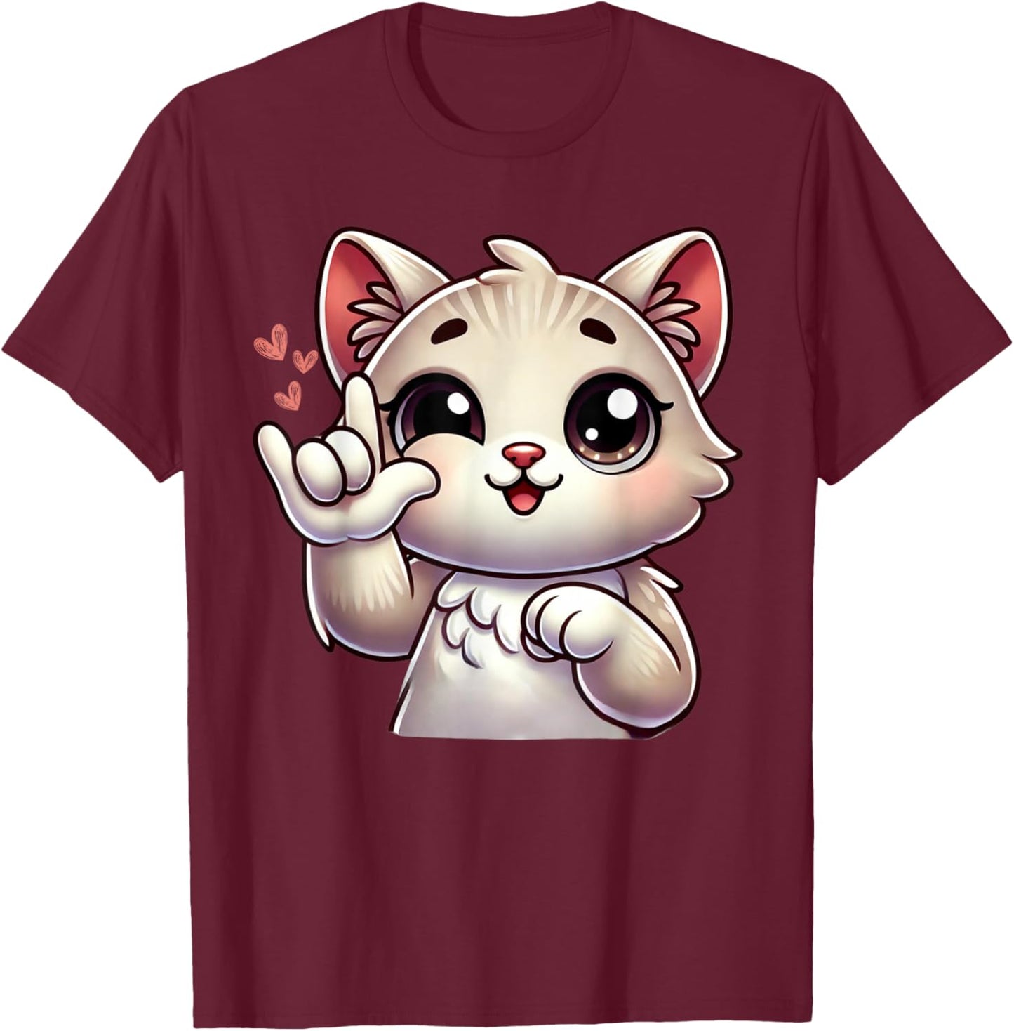 Kitten Cute Cat Making Love You Hand Sign Language ASL T-Shirt - T-Shirt | Maroon