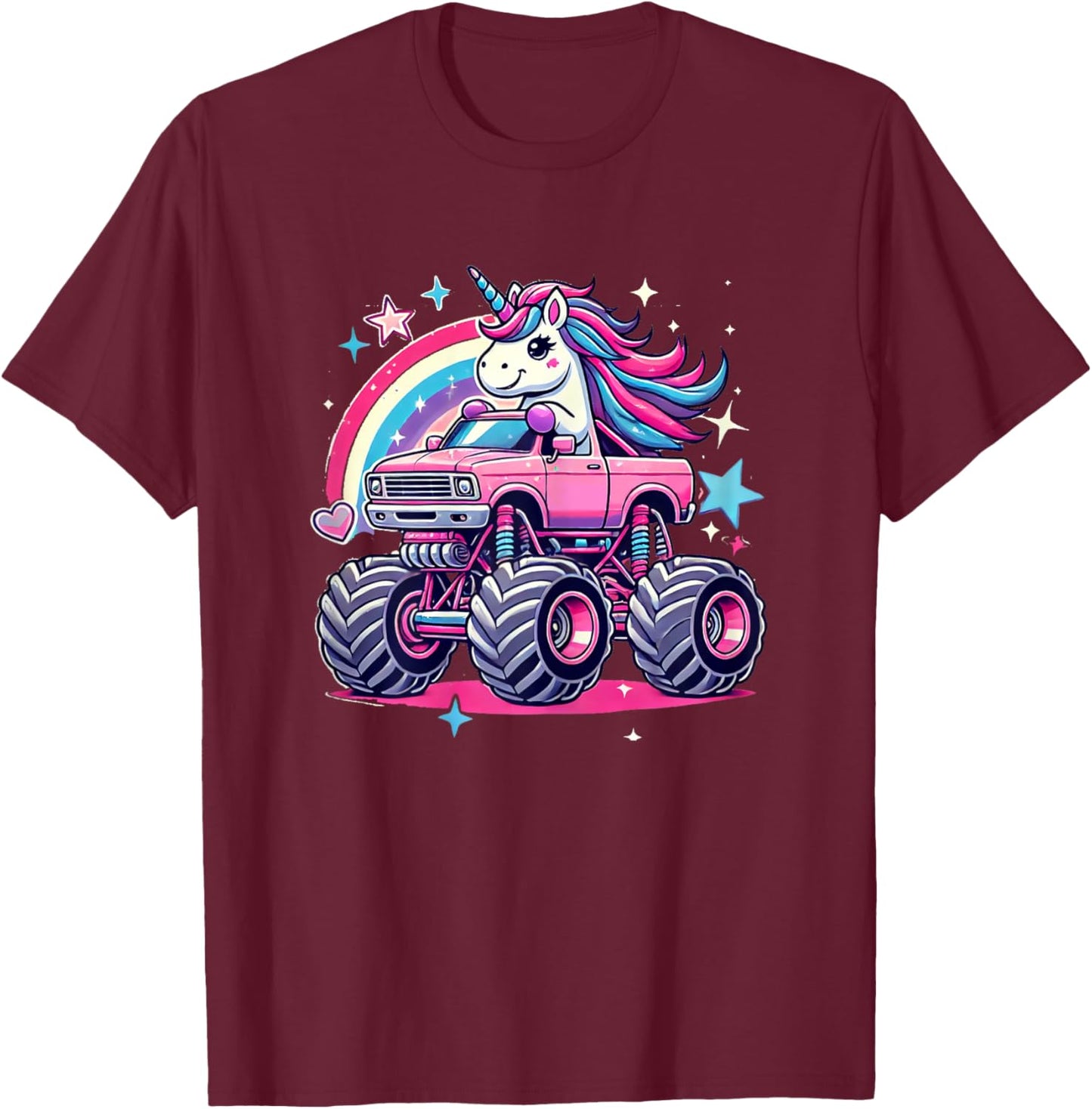 Funny Cute Unicorn Riding A Pink Monster Truck Girls women T-Shirt - T-Shirt | Maroon