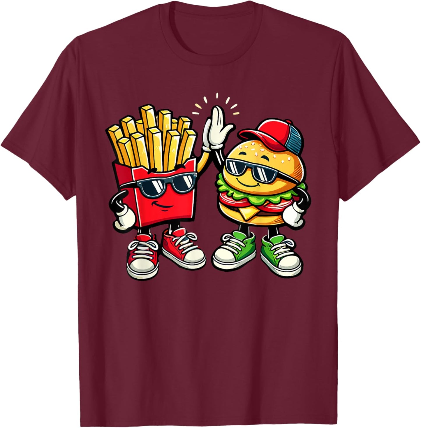 Hamburger Fries High Five | Cool Fun Combo Snacks Funny T-Shirt - T-Shirt | Maroon
