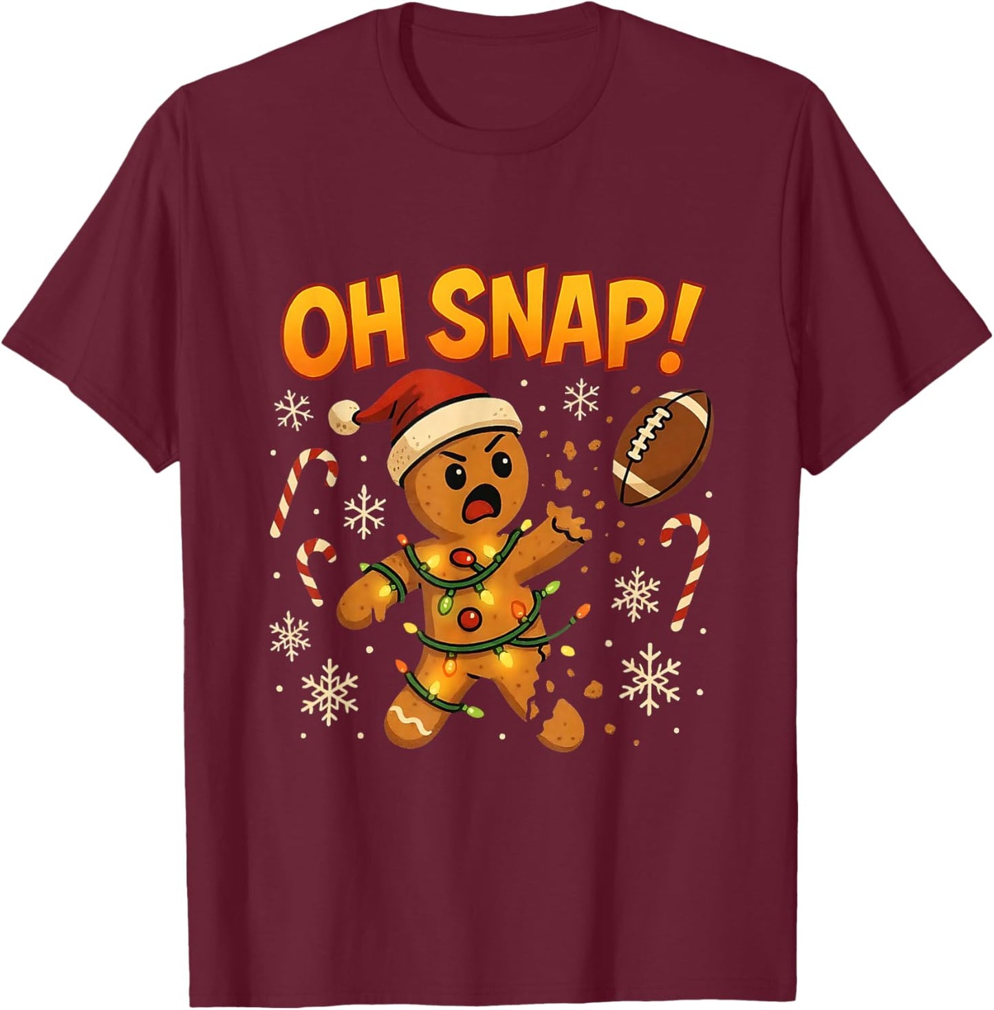 Oh Snap Funny Gingerbread Football Christmas Lights Humor T-Shirt - T-Shirt | Maroon