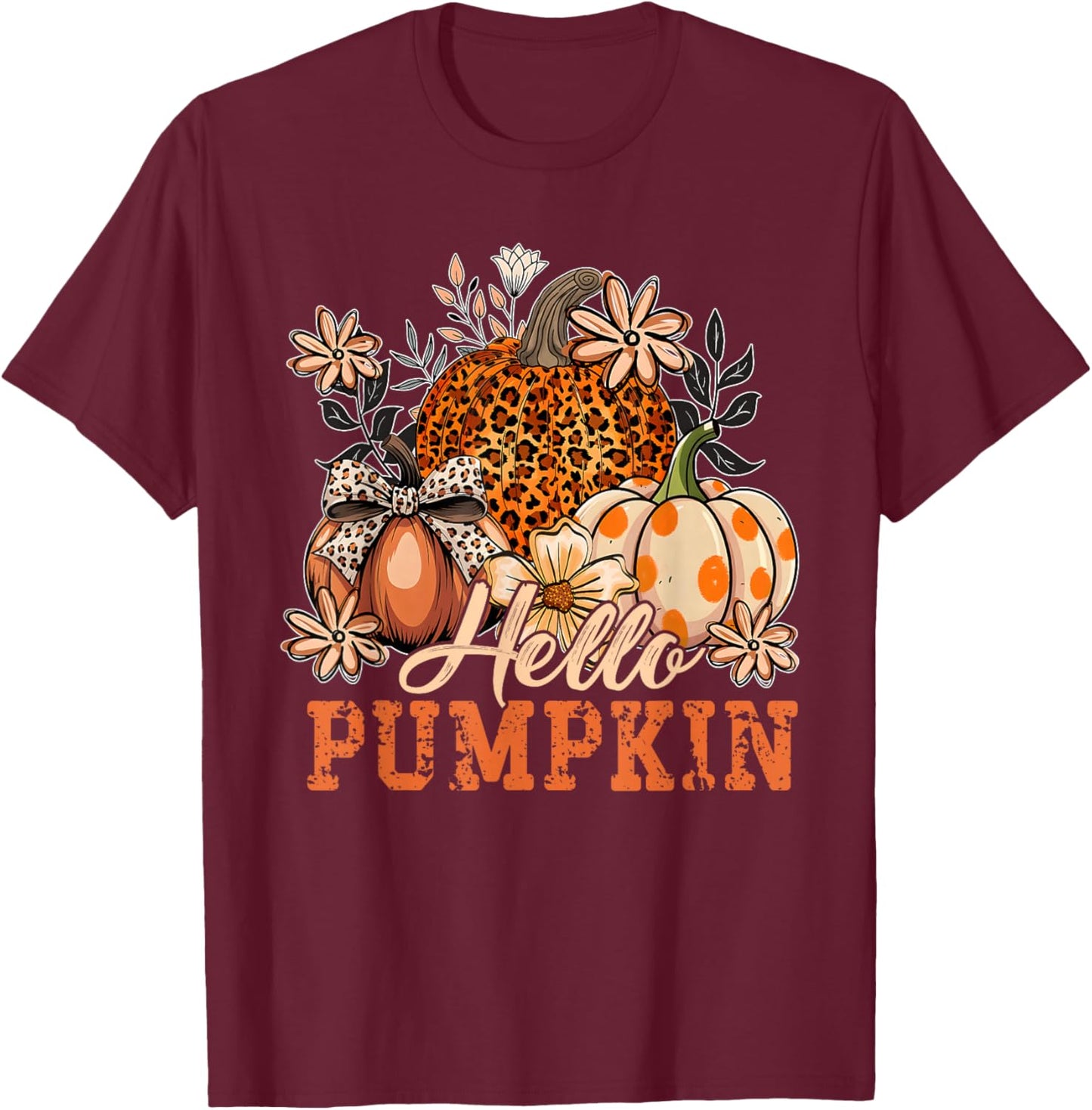 Hello Pumpkin Leopard Print for Fall Thanksgiving Kid T-Shirt - T-Shirt | Maroon