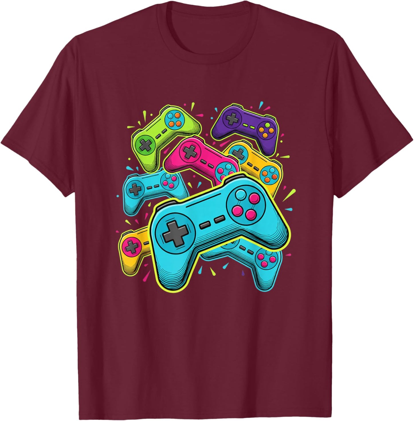 Retro Video Game Controllers Colorful Gaming Art for Gamers T-Shirt - T-Shirt | Maroon