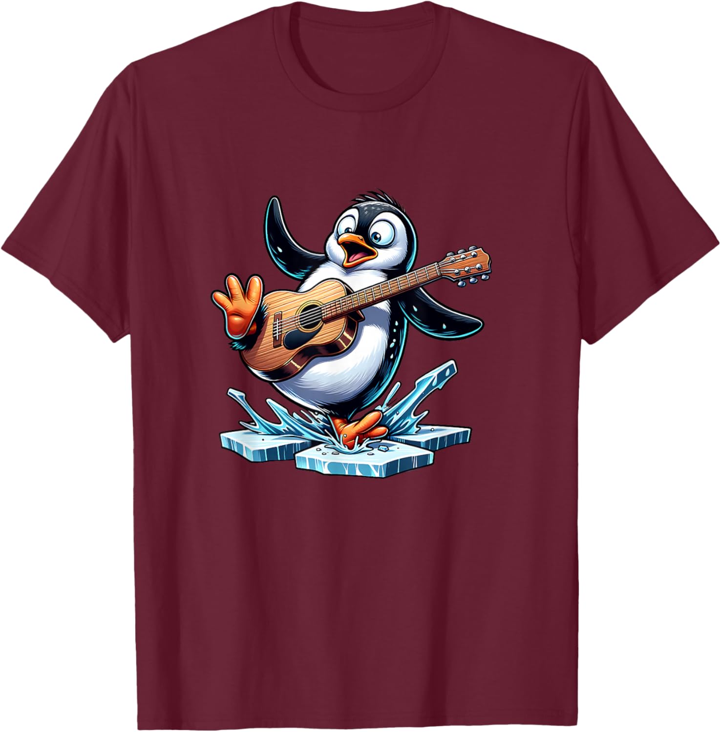 Funny Penguin Playing Guitar On Ice Splash T-Shirt - T-Shirt | Maroon