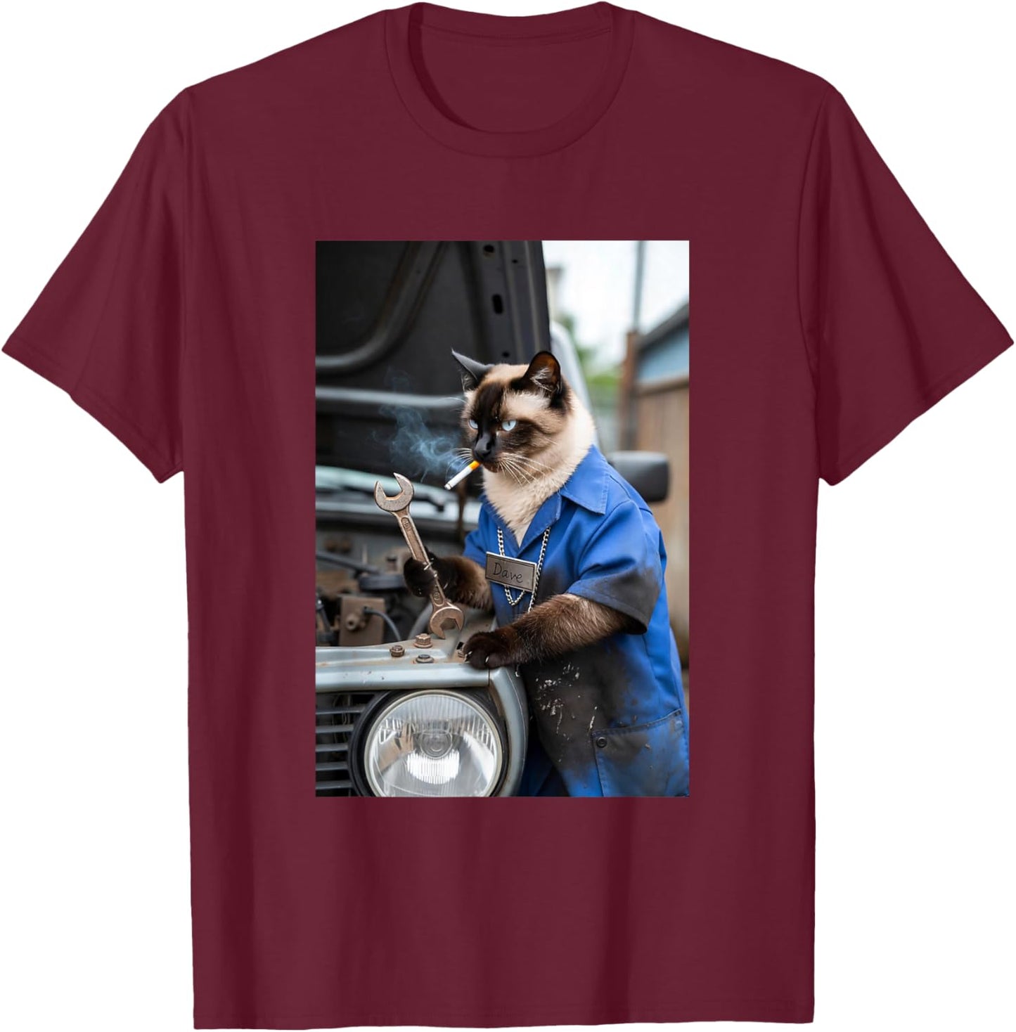 Funny cat with Cigarette Turning Wrench T-Shirt - T-Shirt | Maroon