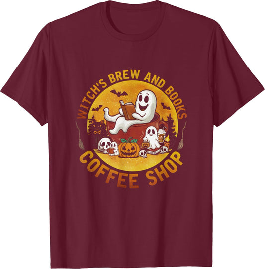 Ghost Witch's Brew And Book Coffee-Shop Halloween Costume T-Shirt - T-Shirt | Maroon