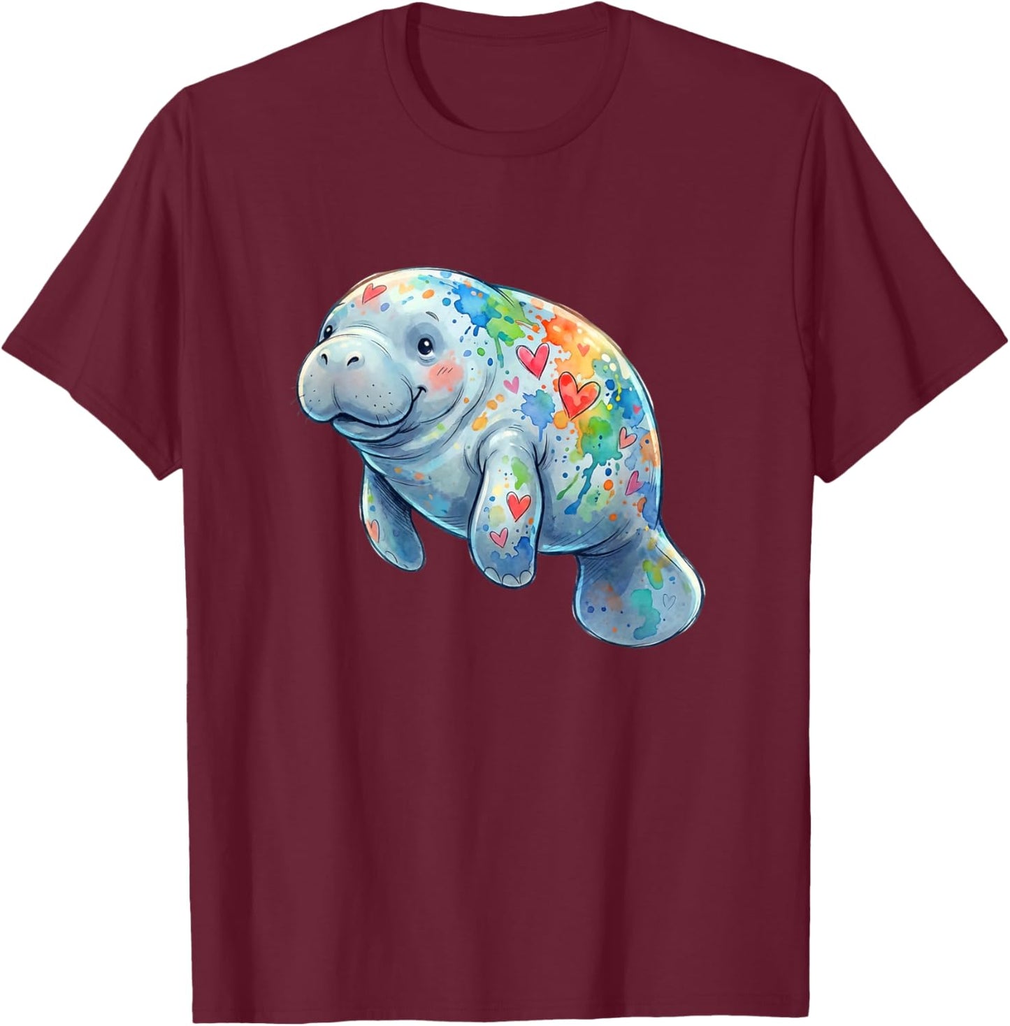 Colorful Cute Manatee with Rainbow Hearts Love T-Shirt - T-Shirt | Maroon