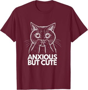 Anxious But Cute Funny Anxiety Meme Cat Lover Introvert T-Shirt - T-Shirt | Maroon