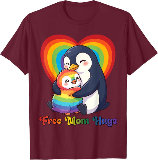 Free Penguin Mom Hugs Pride Heart LGBTQ Inclusion Support T-Shirt - T-Shirt | Maroon