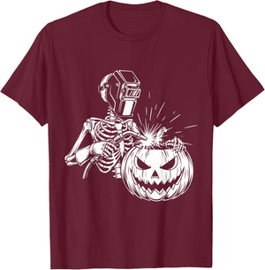 Funny Skeleton Welding Halloween Welder Pumpkin Carving T-Shirt - T-Shirt | Maroon