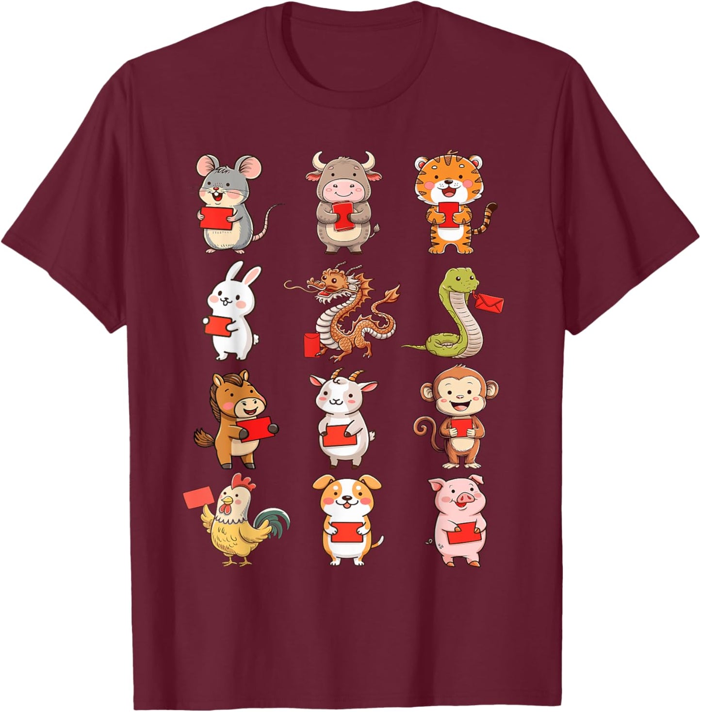 Chinese Zodiac Animals Rabbit Snake Horse Chinese New Year T-Shirt - T-Shirt | Maroon